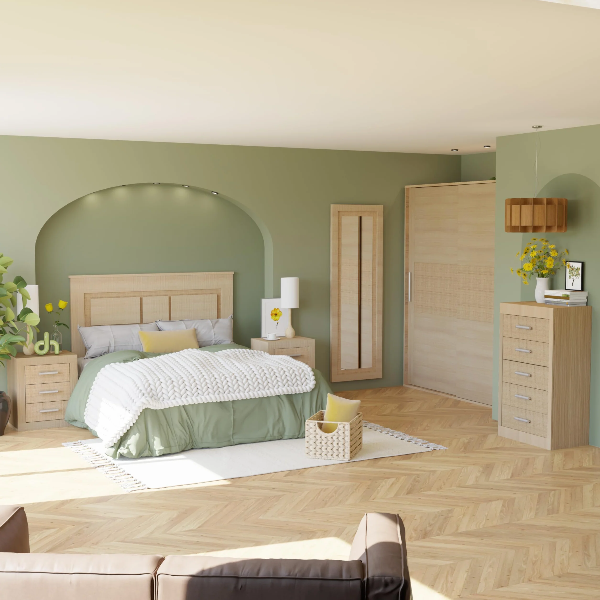 duehome | Pack de Dormitorio con Cabecero + 2 mesitas de Noche + Sinfonier + Espejo + Armario y Cajonera Interior, Dormitorio Completo, Modelo Kira 5c Plus, Acabado en Tofe y Textil