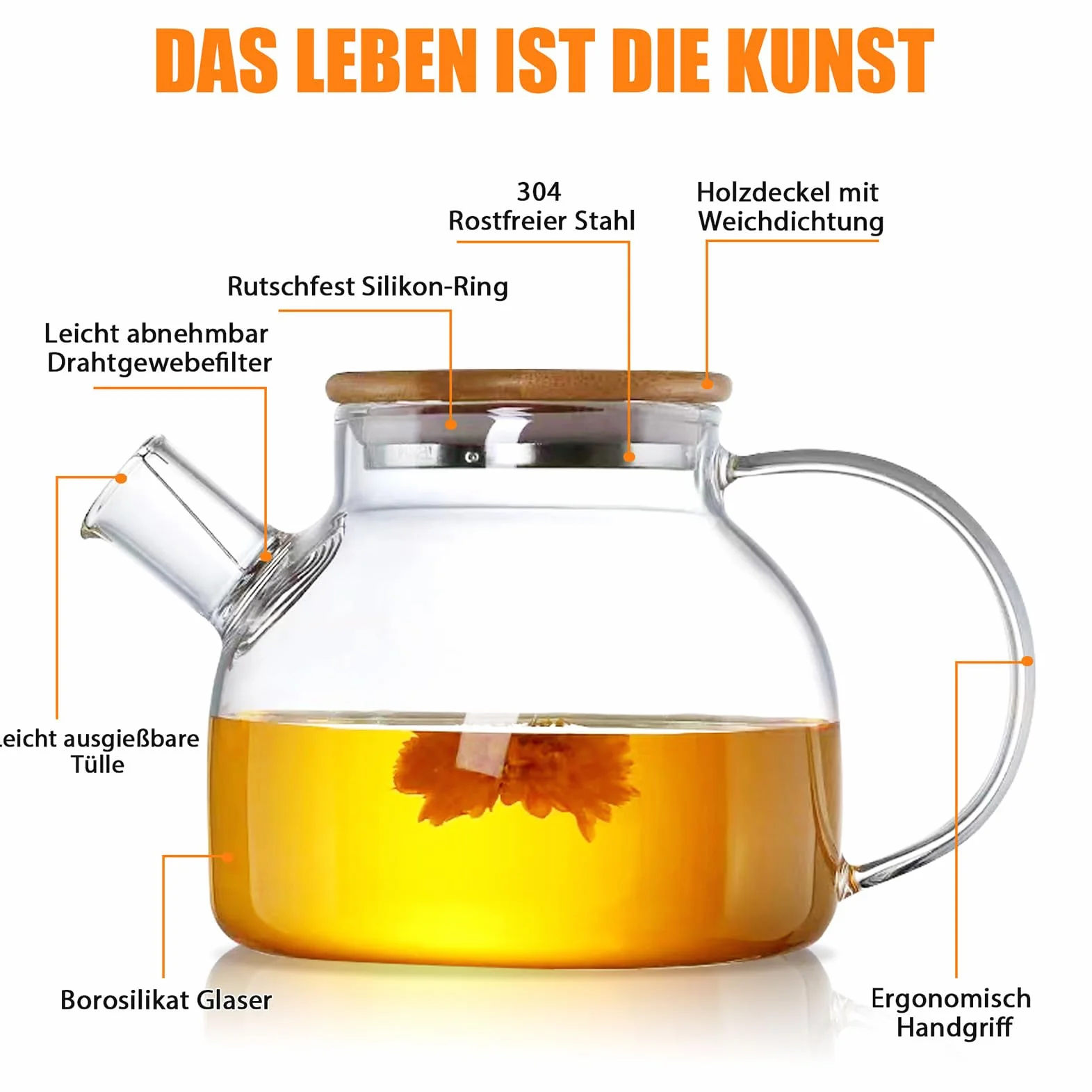 Tetera de cristal borosilicato 1000 ml con colador extraíble