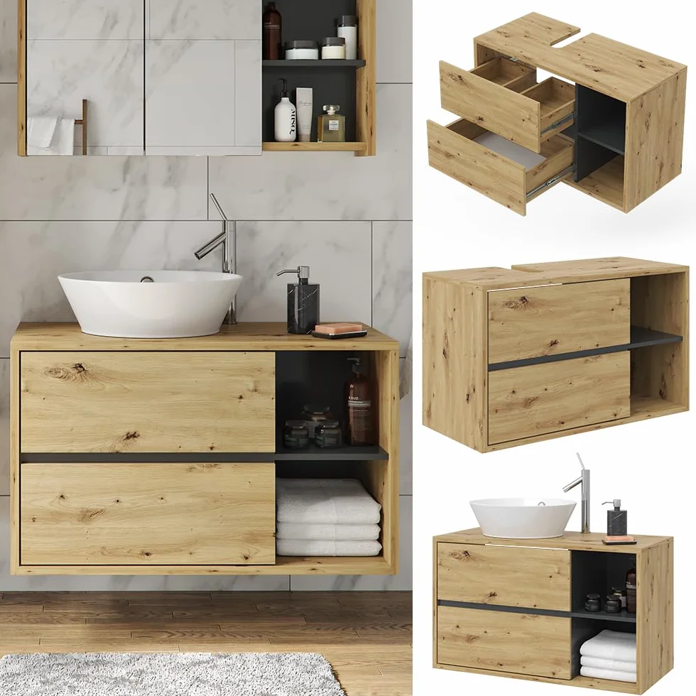 Vicco Mueble para Lavabo Viola, Roble Artesanal, 100 x 60 cm, con Recorte para sifón y estantes Abiertos para Montaje en Pared