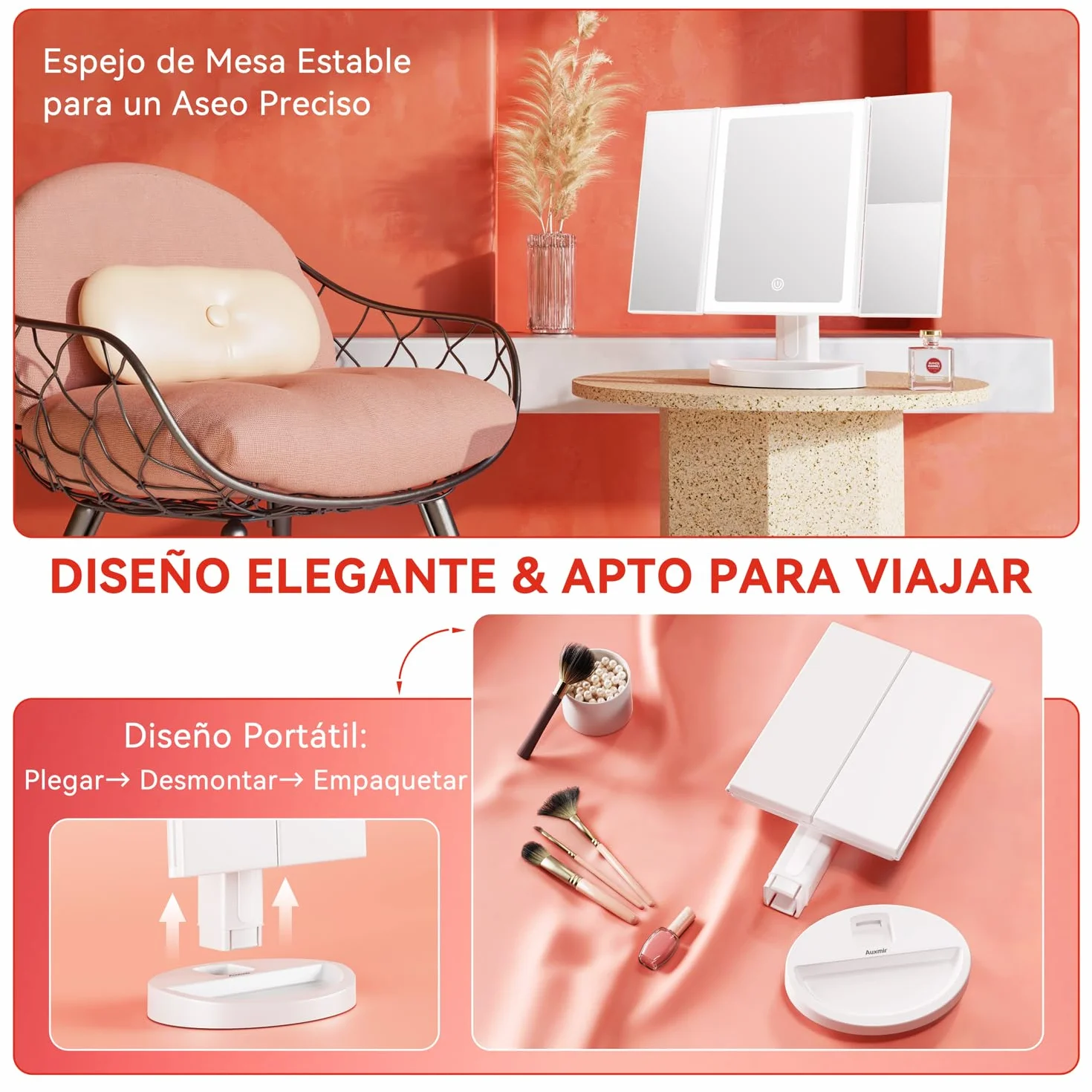 Auxmir Espejo Maquillaje con Luz 2000mAh Recargable 10X Aumento Tríptico 68 Leds Brillo Regulable 180° Giratorio 3 Colores Luz USB