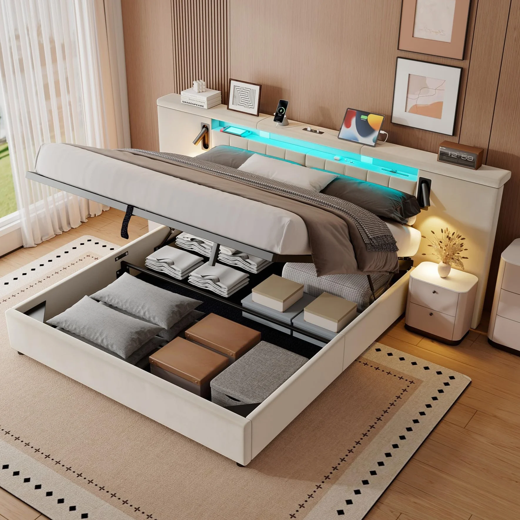 Cama 180x200 Camas Matrimoniales con Almacenaje, Cama Matrimonio con LED y Cabecero, Cama Canape con USB y lámpara de Lectura, Estructura Cama Doble con Somier, Sin Colchón, Terciopelo Beige