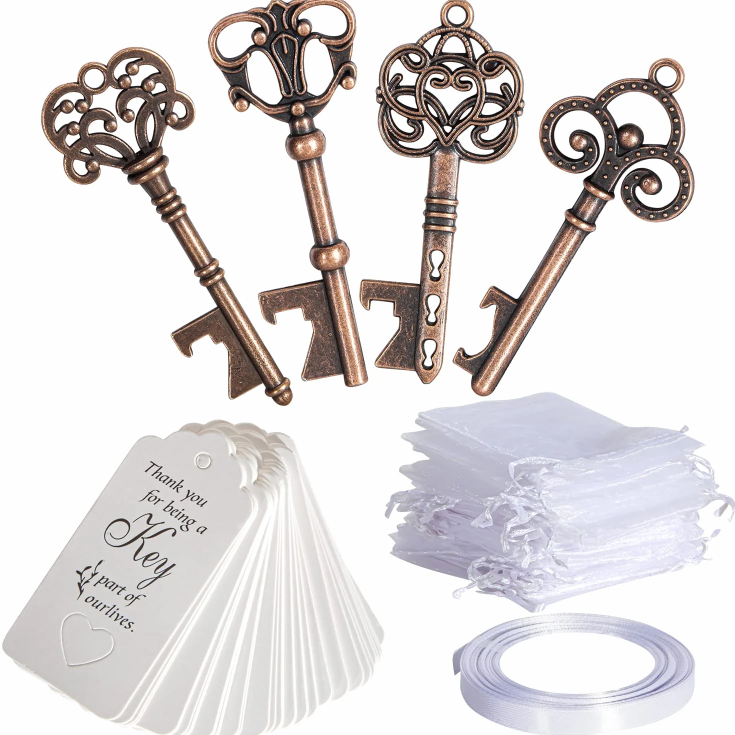 Abrebotellas vintage con etiqueta de tarjeta y bolsa de organza para recuerdos de boda, decoración rústica cobre