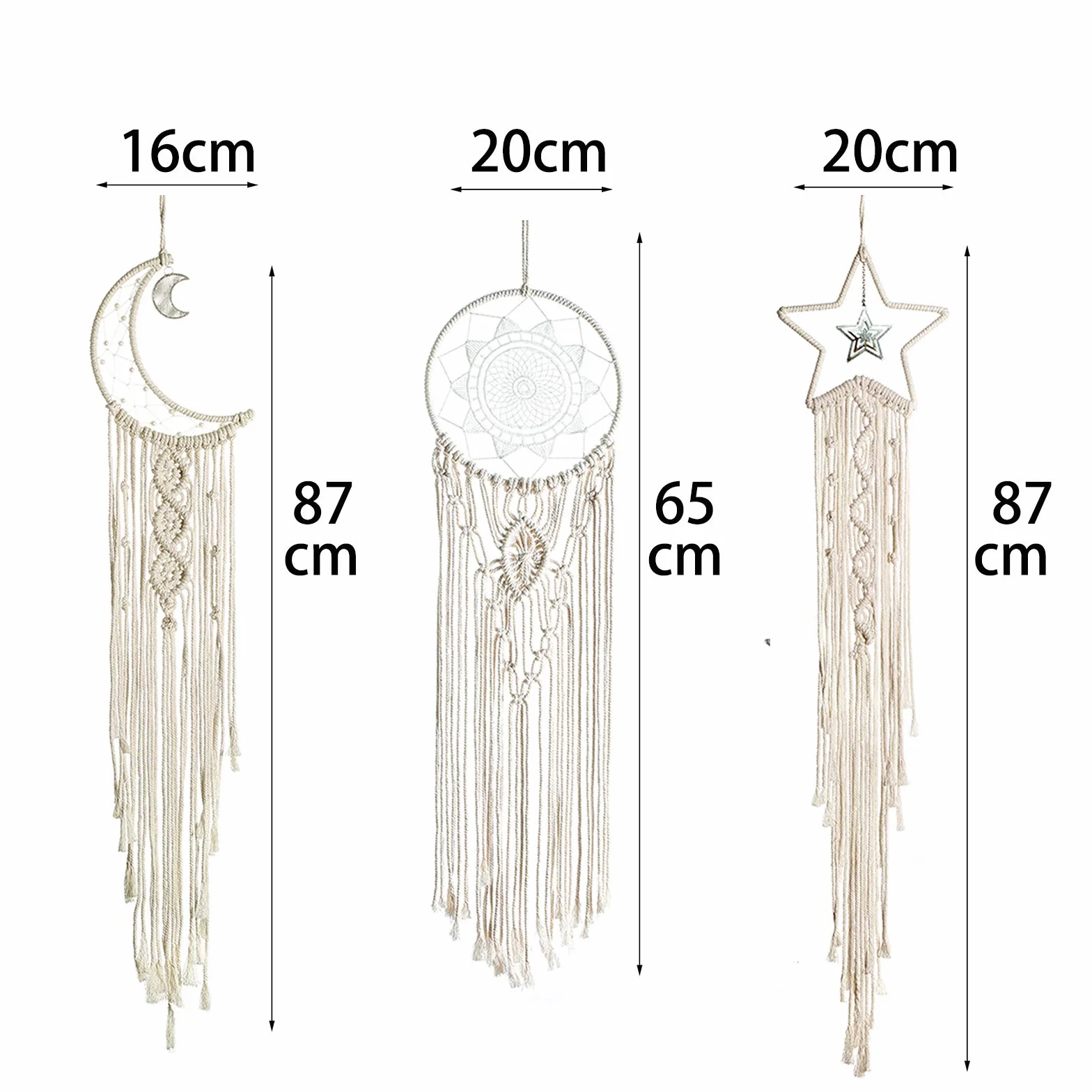 3 Piezas Atrapasueños Macramé Colgante Pared Boho Dream Catcher Sol Luna Estrella Tapiz Tejido Bohemio Elegante Decoración Arte Pared para del Hogar Niñas Regalo
