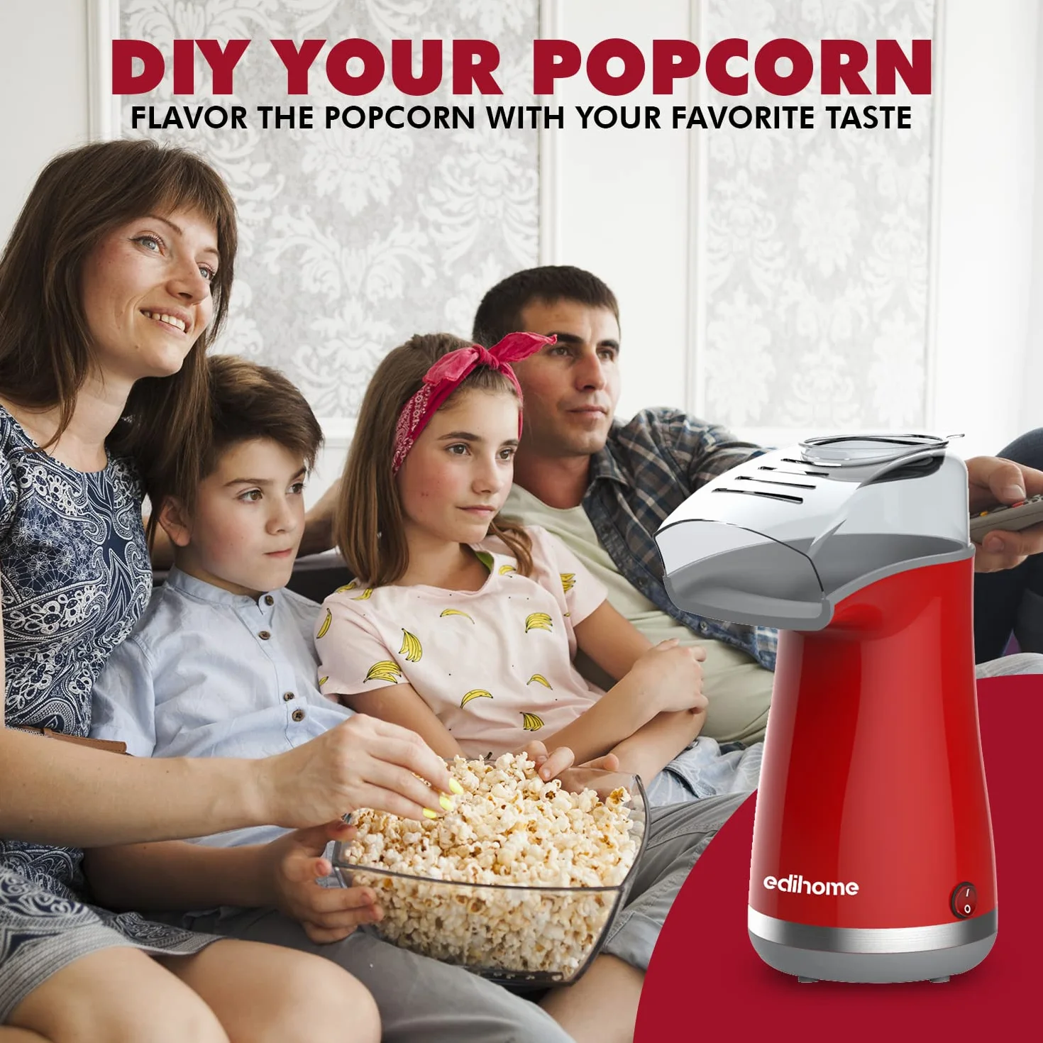 Palomitera Eléctrica 1200 W, Máquina Palomitas, Palomitero, Incluye Cuchara Dosificadora, 2 Minutos, Rojo