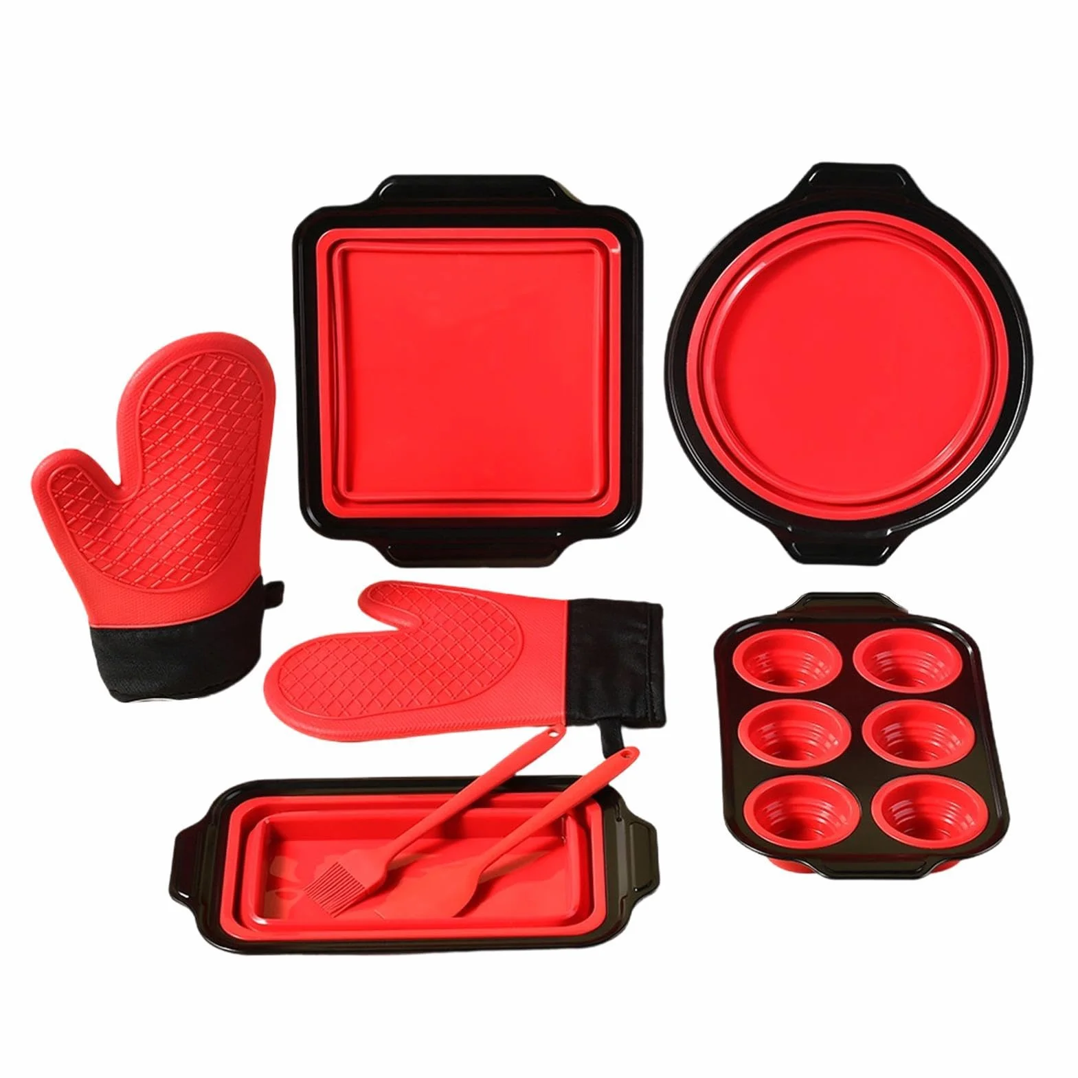 Genérico Molde de Silicona para Hornear Apilable y Flexible | con Guante, Rasqueta y Cepillo Set Antiadherente para Hornear para Magdalenas Pan Galletas Muffins Huevos Donuts Tostador
