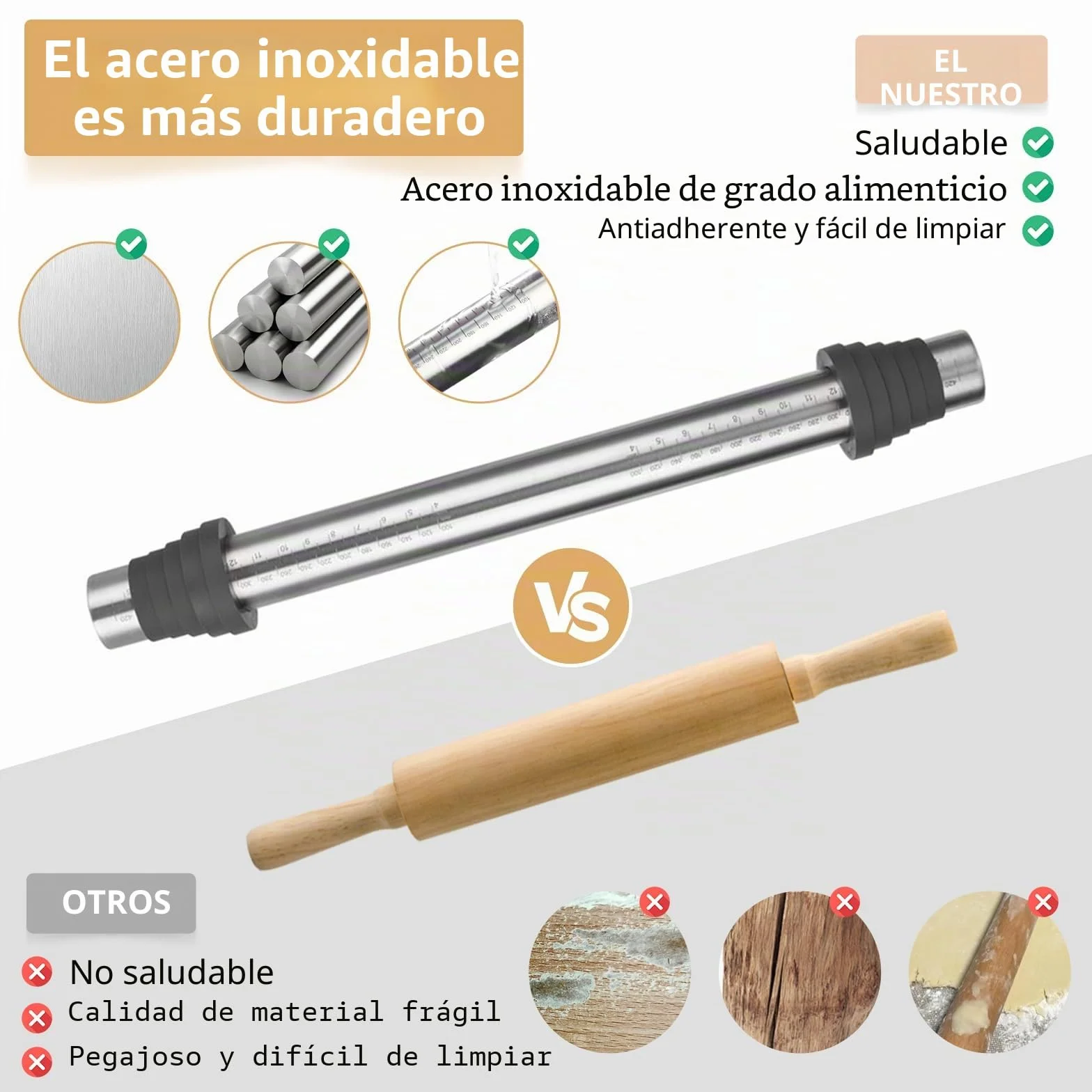 Rodillo Amasar Acero Inoxidable con 5 Discos Ajustables Anillo Grosor, Accesorios Horneado Fondant Pastelería Pizza Pastas 40 cm