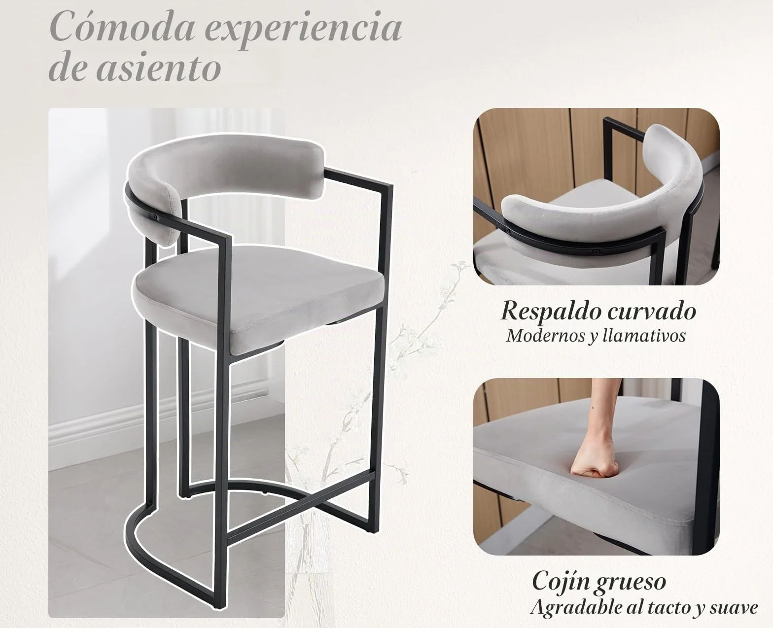 Ya-Home 2X Taburetes Altos de Cocina Modernos Sillas Bar de Terciopelo con Respaldo,Taburetes Altos de Mostrador con Patas Metálicas para Isla de Cocina/Restaurante,Gris