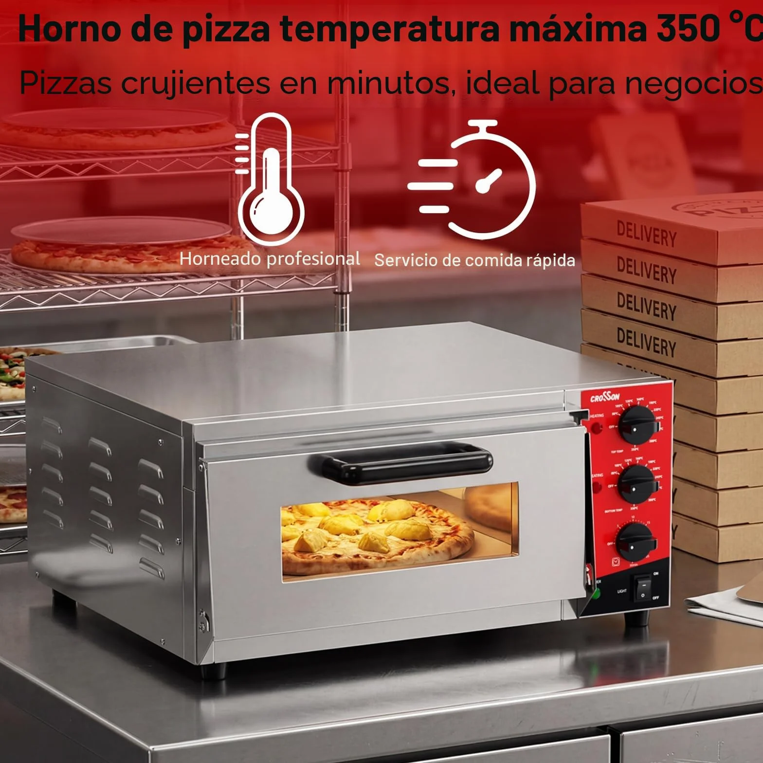 CROSSON Horno eléctrico para pizza 16 pulgadas 230V 2000W acero inoxidable con piedra y asa
