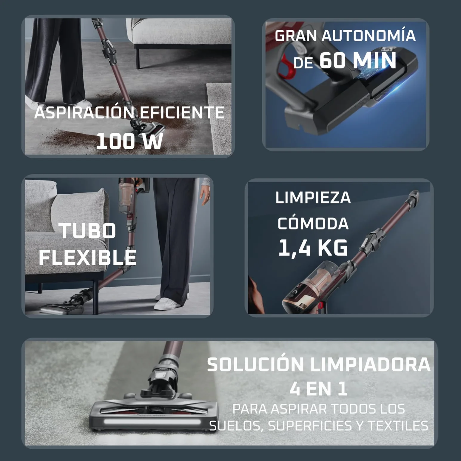 Rowenta X-Pert 6.80 Flex, Aspiradora Escoba Sin Cable, Autonomía de hasta 60 Minutos, con Luces led, Limpieza 4 en 1, Ligera, Smart Control Display, Modelo Animal Flex, Burdeos, RH6493E0