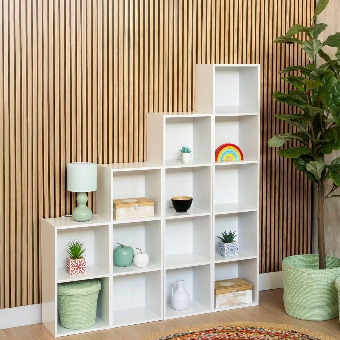 Estantería Librería Cubo 4 Estantes Tablero Laminado Blanco 106x30x24 Mueble Despacho Soporta 20 kg