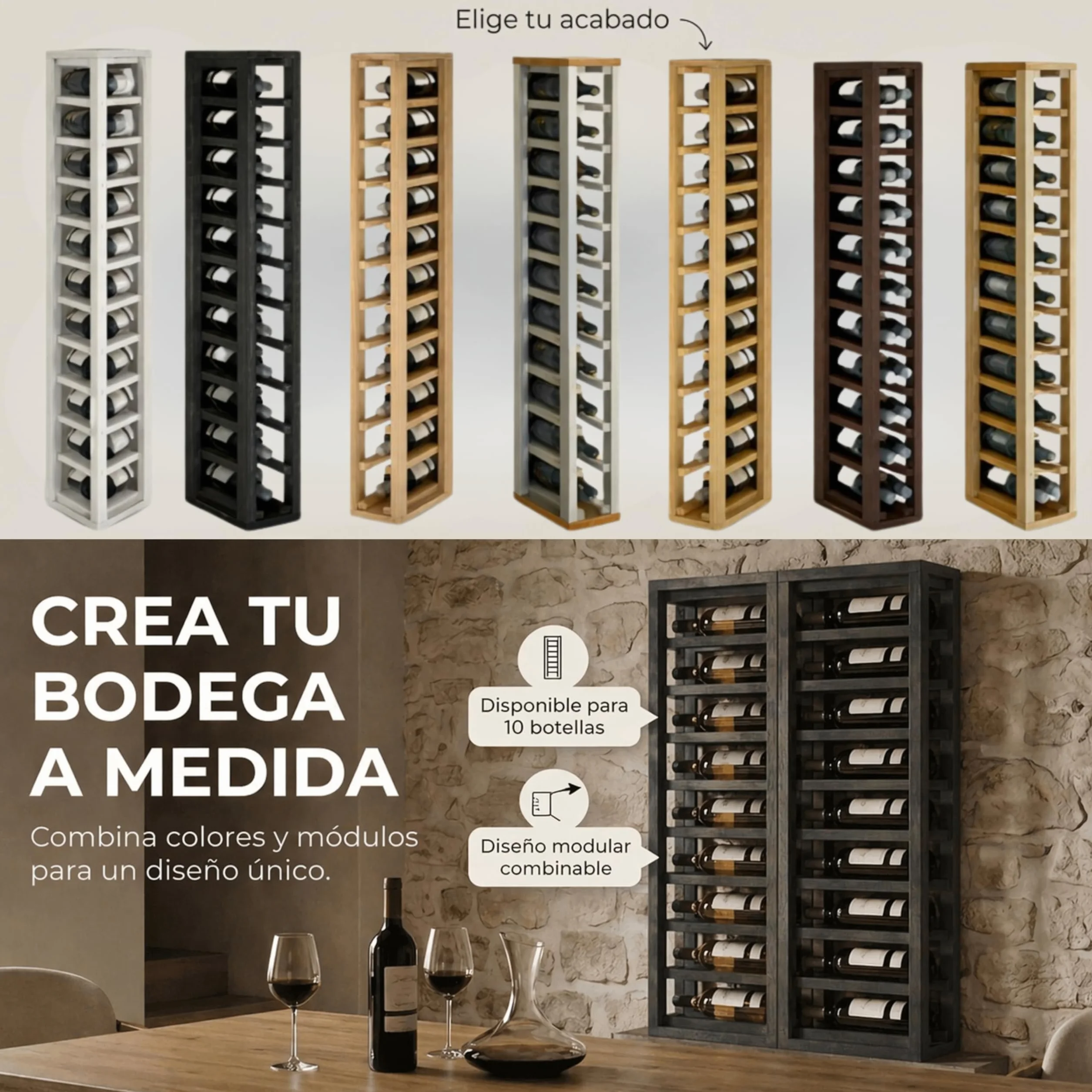 Botellero Vino de Madera Vertical 10 Botellas Pino Negro 105x13x32 cm