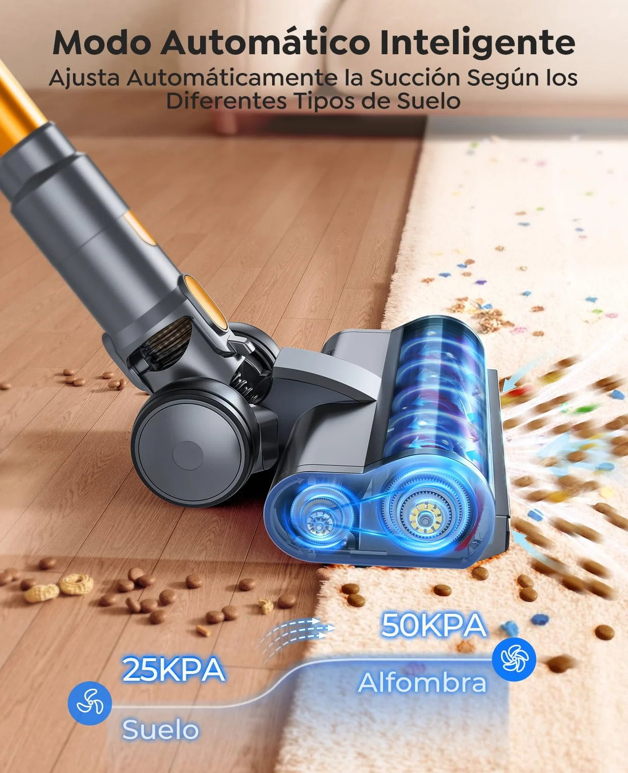 SMOTURE Aspiradora sin Cable 50KPA/600W/65Min, Aspirador Escoba con Manguera de 1M, Cepillo Anti-Enredo con Luz, Modo Automático, Base de Carga de Pared, para Pelo de Mascota/Suelos/Alfombras/Coche