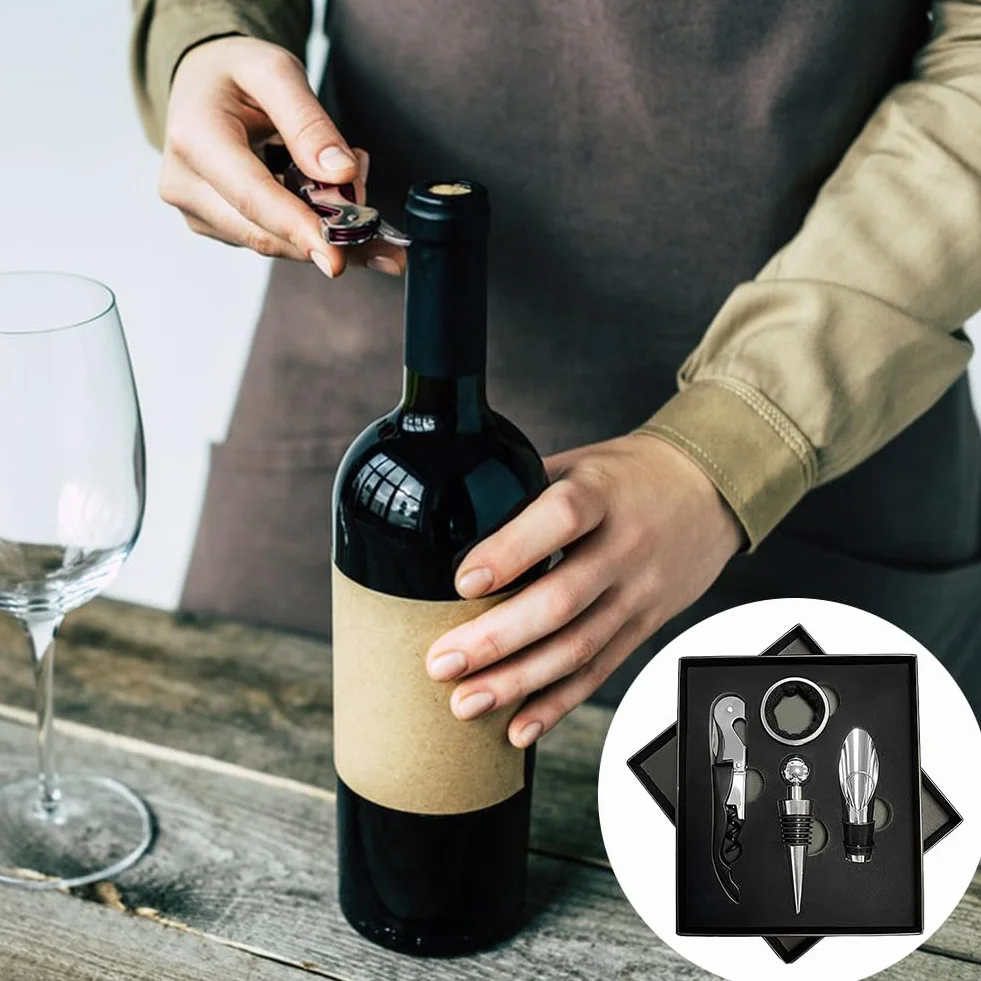 Set Sacacorchos 4 en 1, Kit Accesorios Vino con Abrebotellas y Tapón