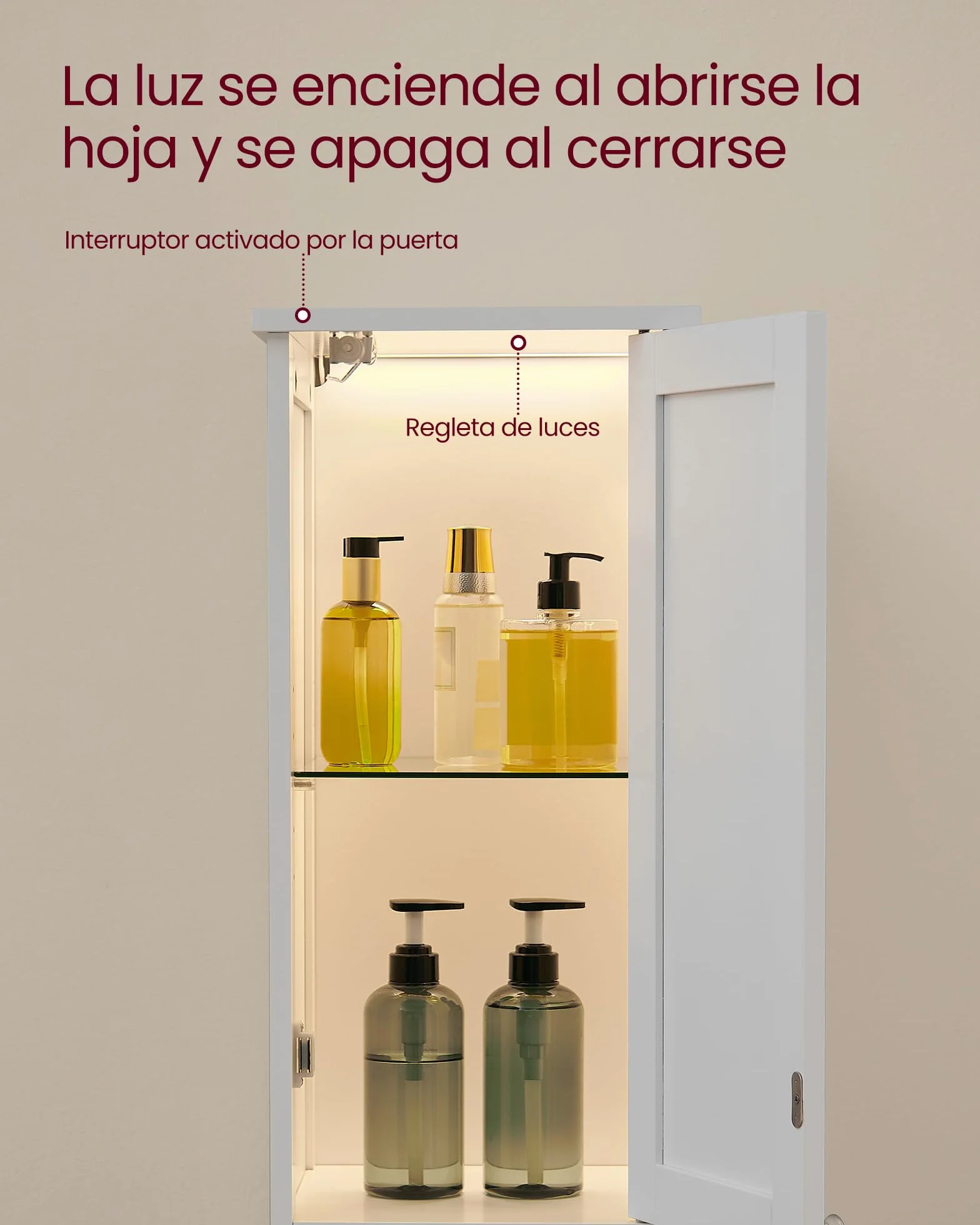 VASAGLE Armario de Baño Alto Iluminación Estantes Ajustables Blanco Nube BBC566W03