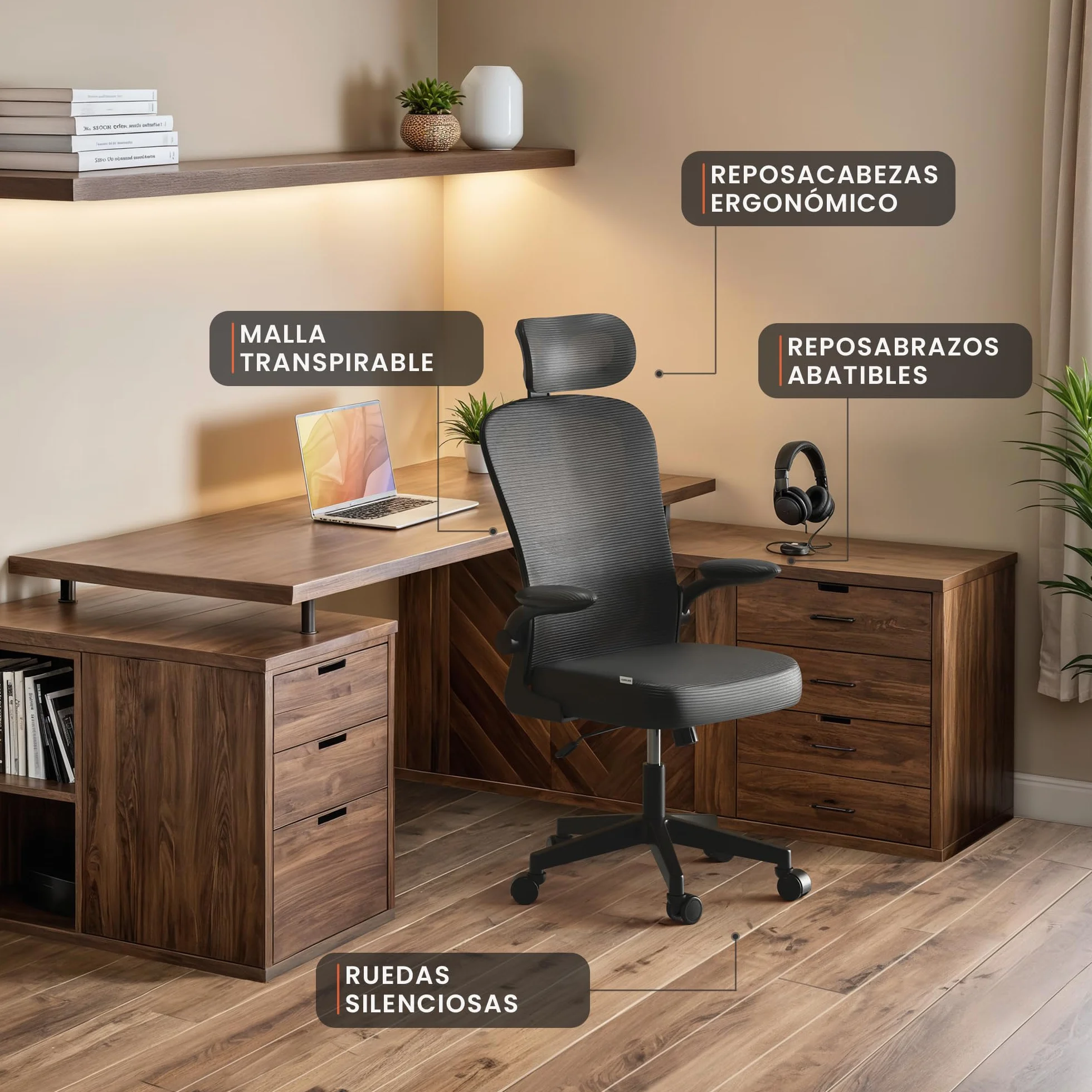 Silla Escritorio Ergonómica Ajustable Reclinable con Soporte Lumbar, Reposacabezas, Reposabrazos Plegables, Malla Transpirable, Ruedas 360°, 120 kg