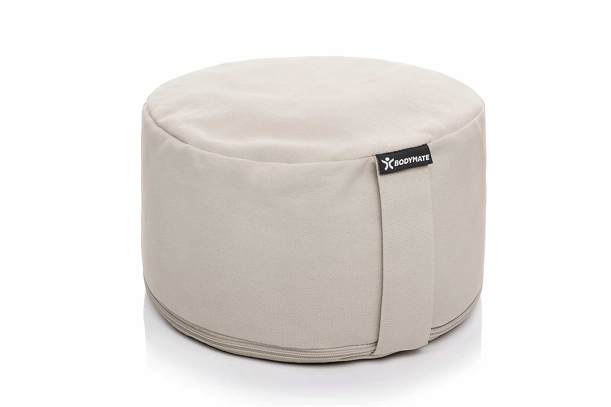 BODYMATE Cojín de yoga redondo de 31 cm de diámetro, 16 cm de alto, color beige con relleno de piel de trigo sarraceno, funda lavable a máquina, 100% algodón extragrueso, cojín de meditación, cojín de