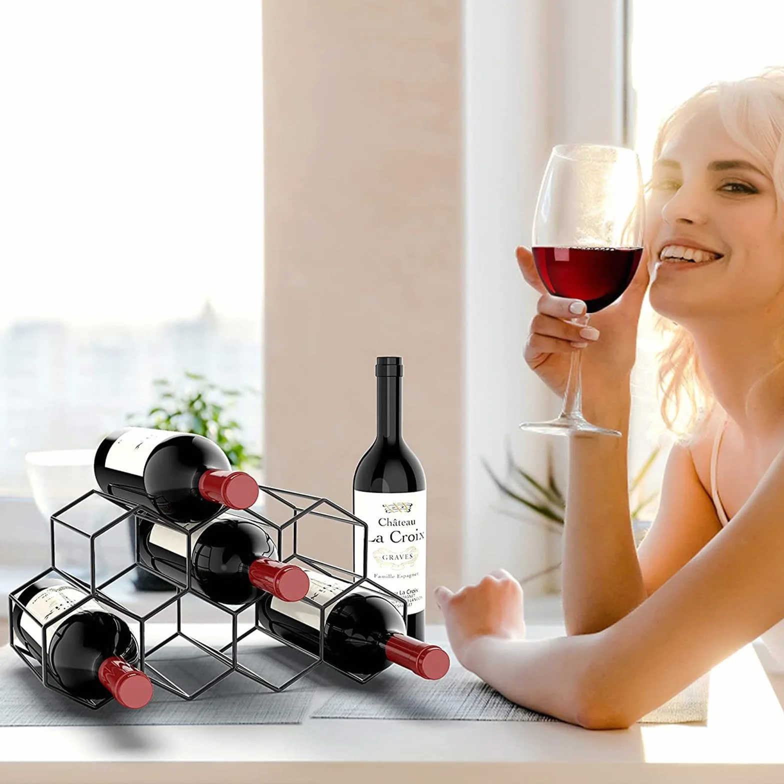 Estante de Vino Independiente, Estante para Vino, Estante para Botellas de Vino de Hierro, Botellero de Metal, Botellero de Pie, para Bar, Bodega, Salón, Cocina, Bodega (Negro)