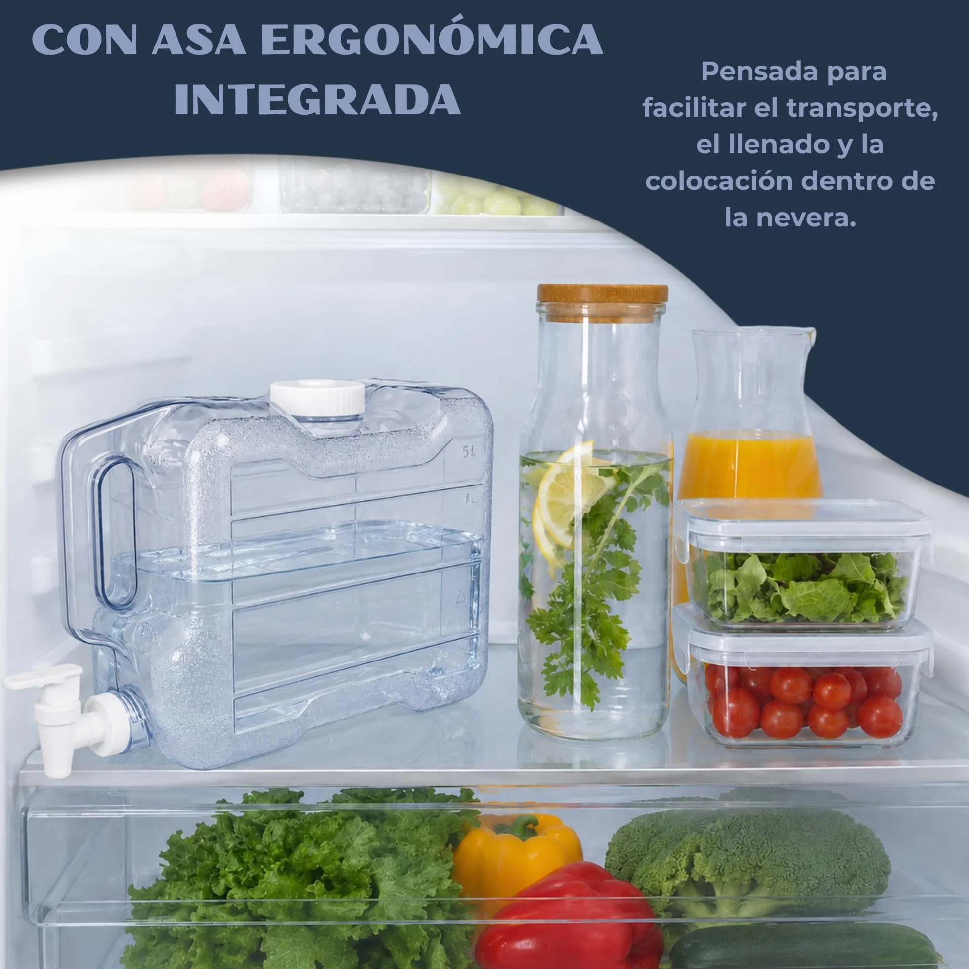 Dispensador de Agua Fria para Nevera, Dispensador de Bebidas de plástico, Ergonómico con asa, Plástico PETG Libre de Fugas, Libre BPA, Dimensiones 29 cm Largo x 20cm Alto x 12 cm Ancho, 5.7 litros