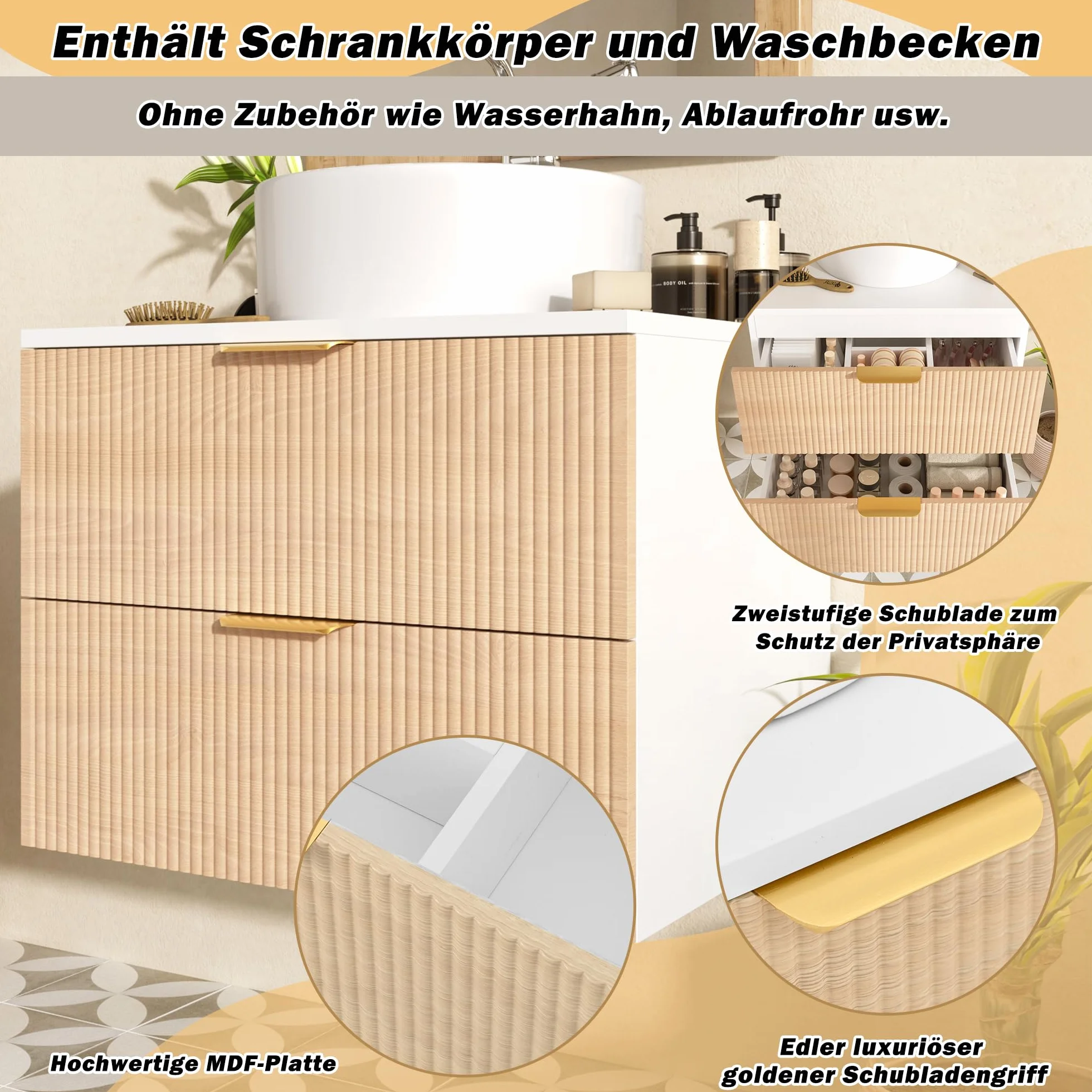 Armario de baño de 60 cm montado en la pared con lavabo de cerámica redondo, frentes de cajones con aspecto de madera con diseño de rayas simples, tablero MDF de alta calidad, gran capacidad de