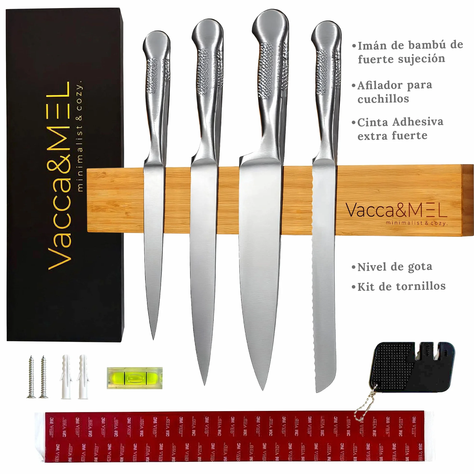 Barra Magnética Cuchillos Pared 40 cm Imán de Cocina Bambú Natural Extra Fuerte Porta Cuchillos Adhesivo Tornillos Organizador con Afilador
