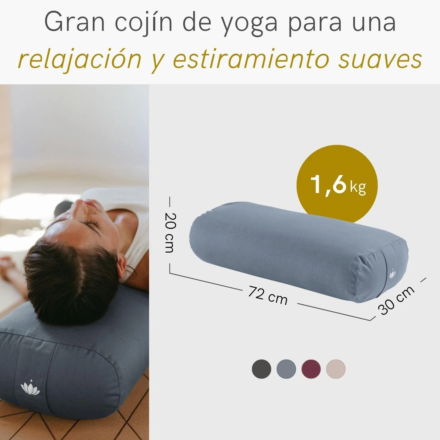 Lotuscrafts Cojín de Yoga para Yin Yoga, Rollo, Funda Lavable de Algodón Orgánico, Relleno de Ceiba, Cojín de Meditación