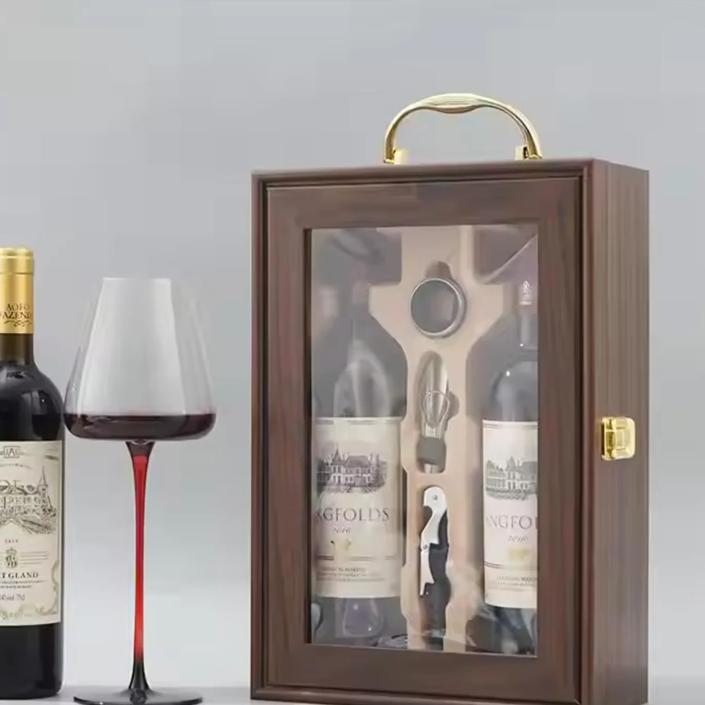 Caja de regalo para botella de vino, caja de exhibición de lujo para almacenamiento de vino, champán o whisky con herramientas, tornillo de corcho, vertedor, servilleta/anillo de goteo, vino
