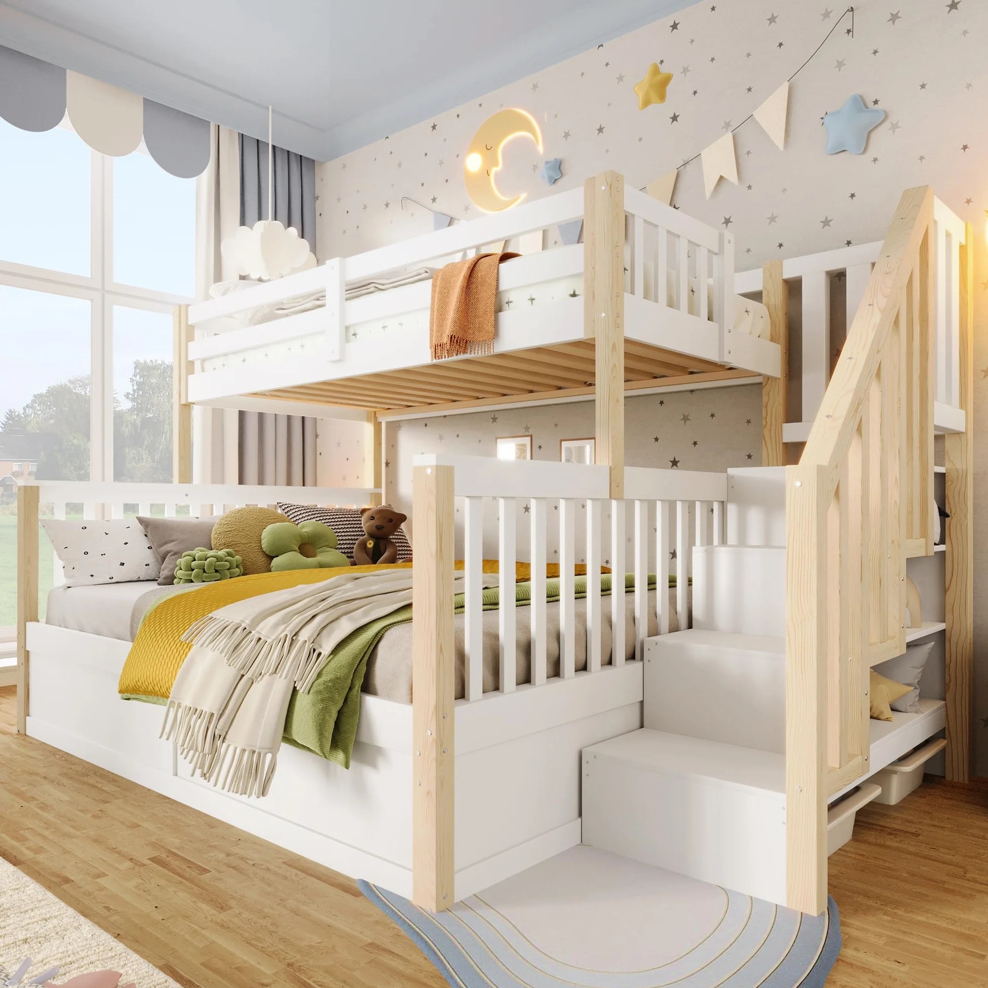 Litera 90(140) x200 cm con Almacenamiento Hidráulico y Escalera Almacenaje, Cama Litera Matrimonio para 2 Personas, Cama Infantil con Barandilla Anticaída y Lamas, Sin Colchón, Blanco+Natural