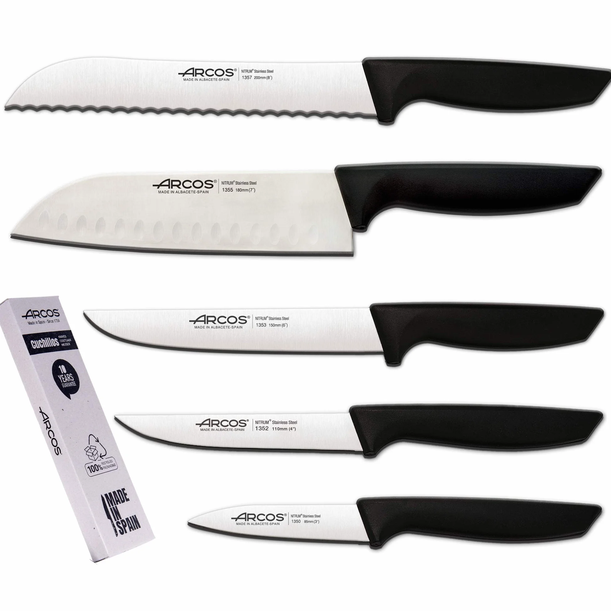 Arcos Juego Cuchillos Cocina Profesionales Acero Inoxidable Mango Negro 5 Piezas Santoku