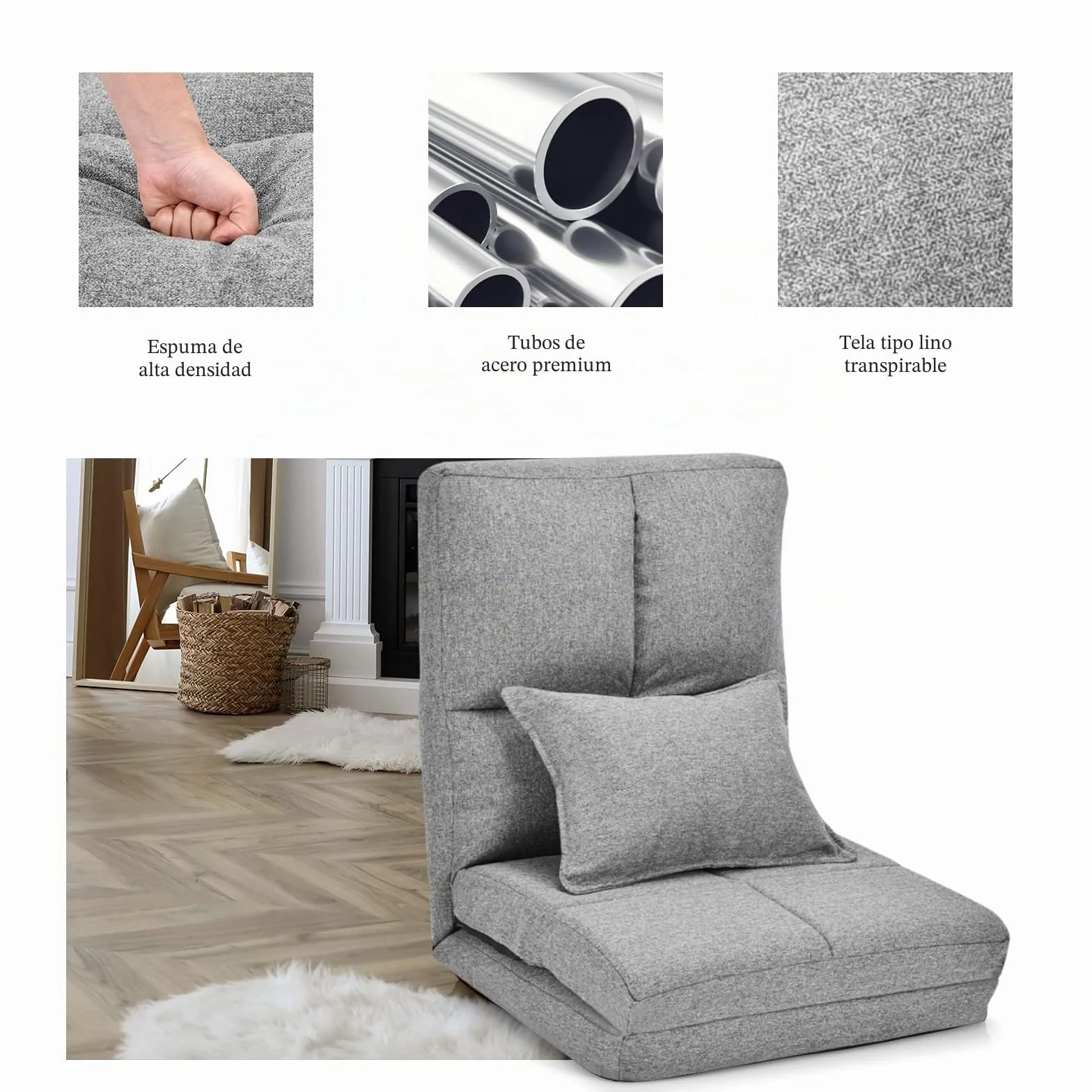 LIFEZEAL Sofá de Suelo Plegable, Silla de Piso sin instalación, sofá Perezoso Ajustable en 5 Posiciones, Silla de Suelo con cojín Lumbar para Leer, meditar en el salón (Gris)