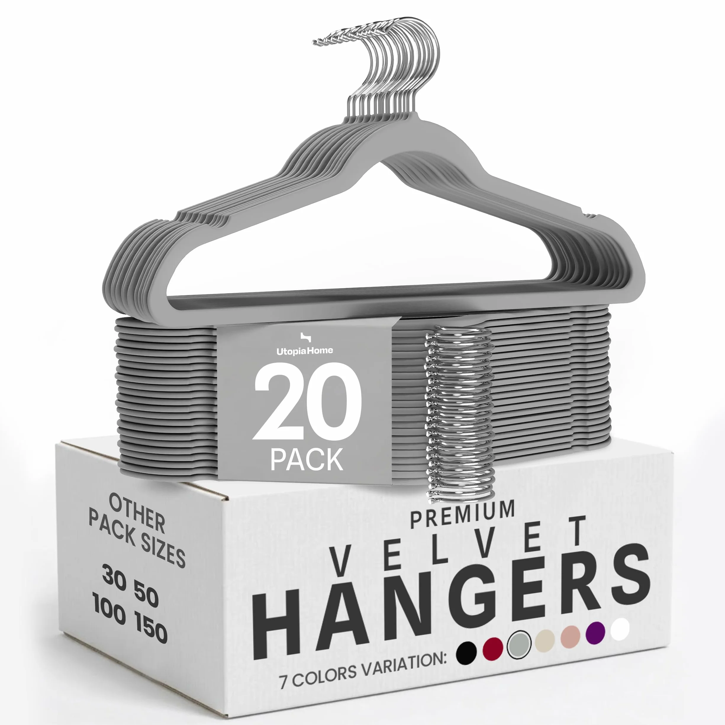 Utopia Home Premium Perchas de Terciopelo Antideslizantes, Duraderas Perchas Negras con Gancho Giratorio de 360 Grados Percha de Gran Resistencia (Gris, Paquete de 20).
