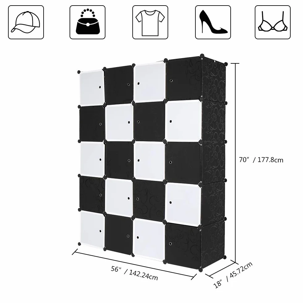 Bonnlo Armario Modular Cubos Estantería 20 Cubos Plástico DIY Barra Colgar 142x47x178 cm Negro Blanco