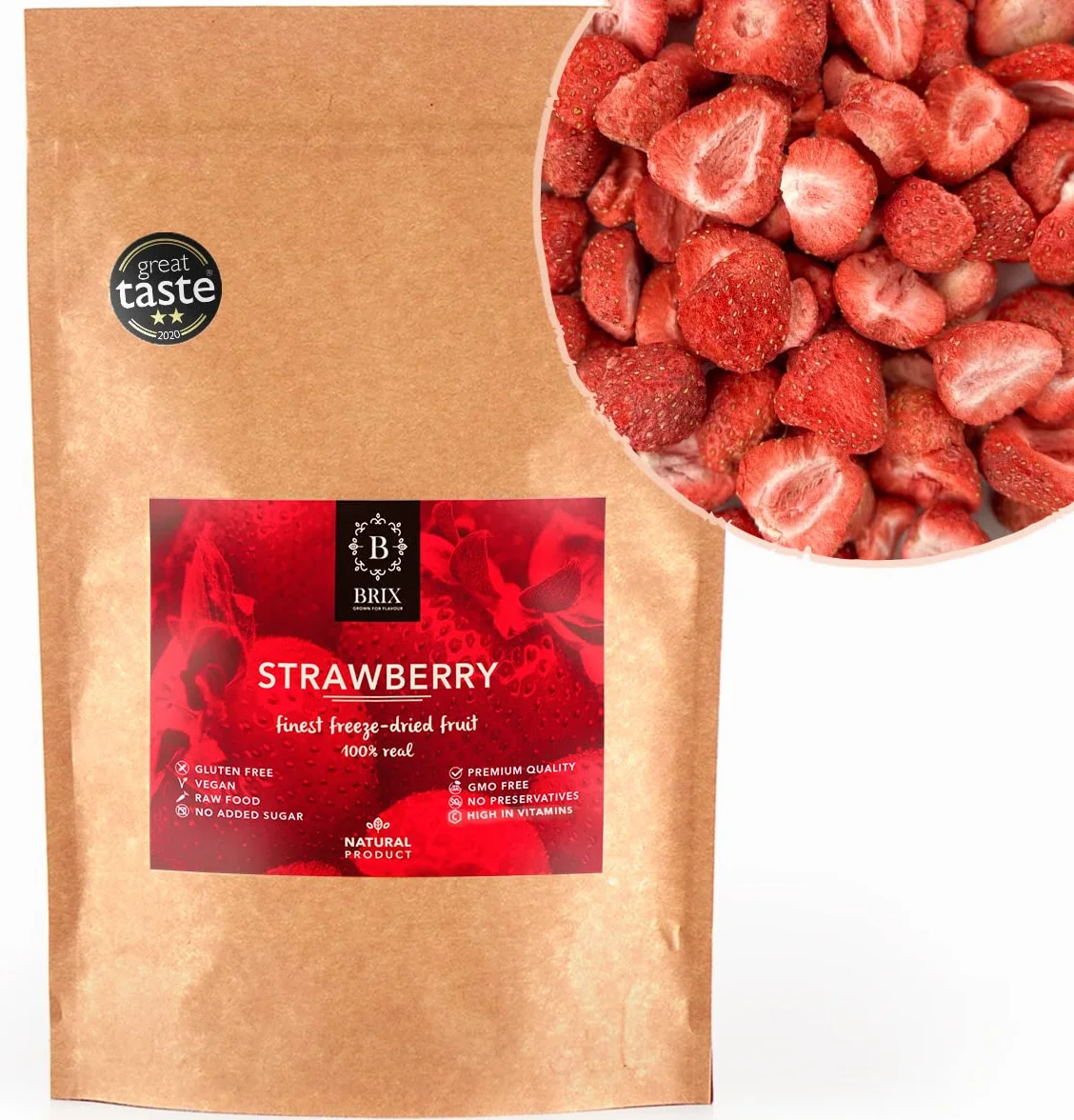 BRIX Mitades de Fresas liofilizadas 100% Naturales 75g Sin OGM Gluten Vegano