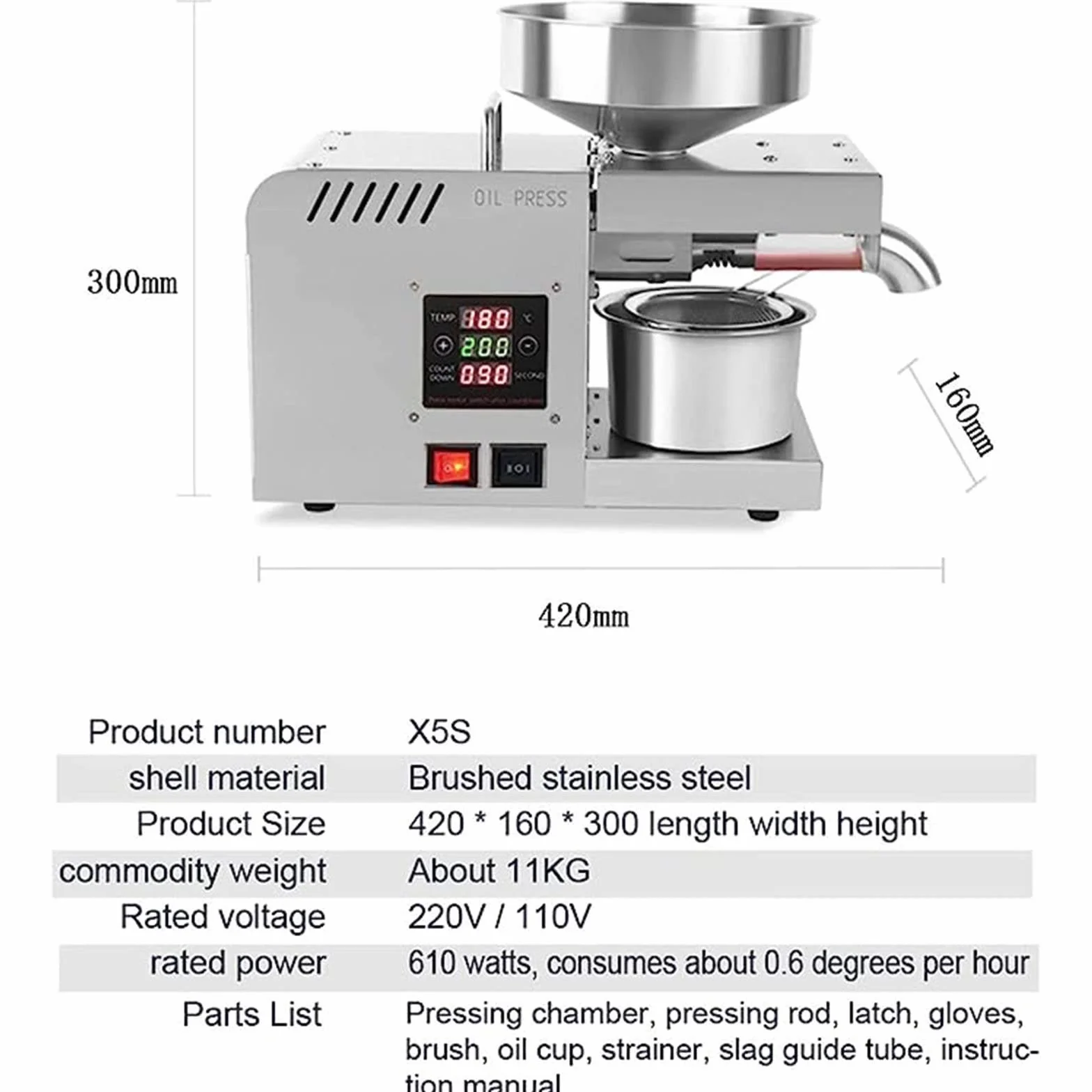 Prensa Aceite Automática 610W - Oliva, Hueso, Sésamo, Cacahuete - Máquina de Extracción Caliente y Fría - Tornillo Prensa Doméstica