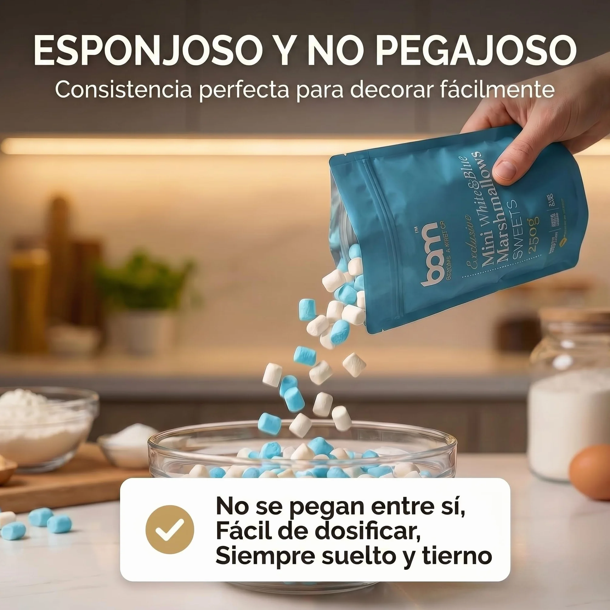BAM Mini Malvaviscos 250 g Marshmallow Decoración Pasteles Blanco Azul