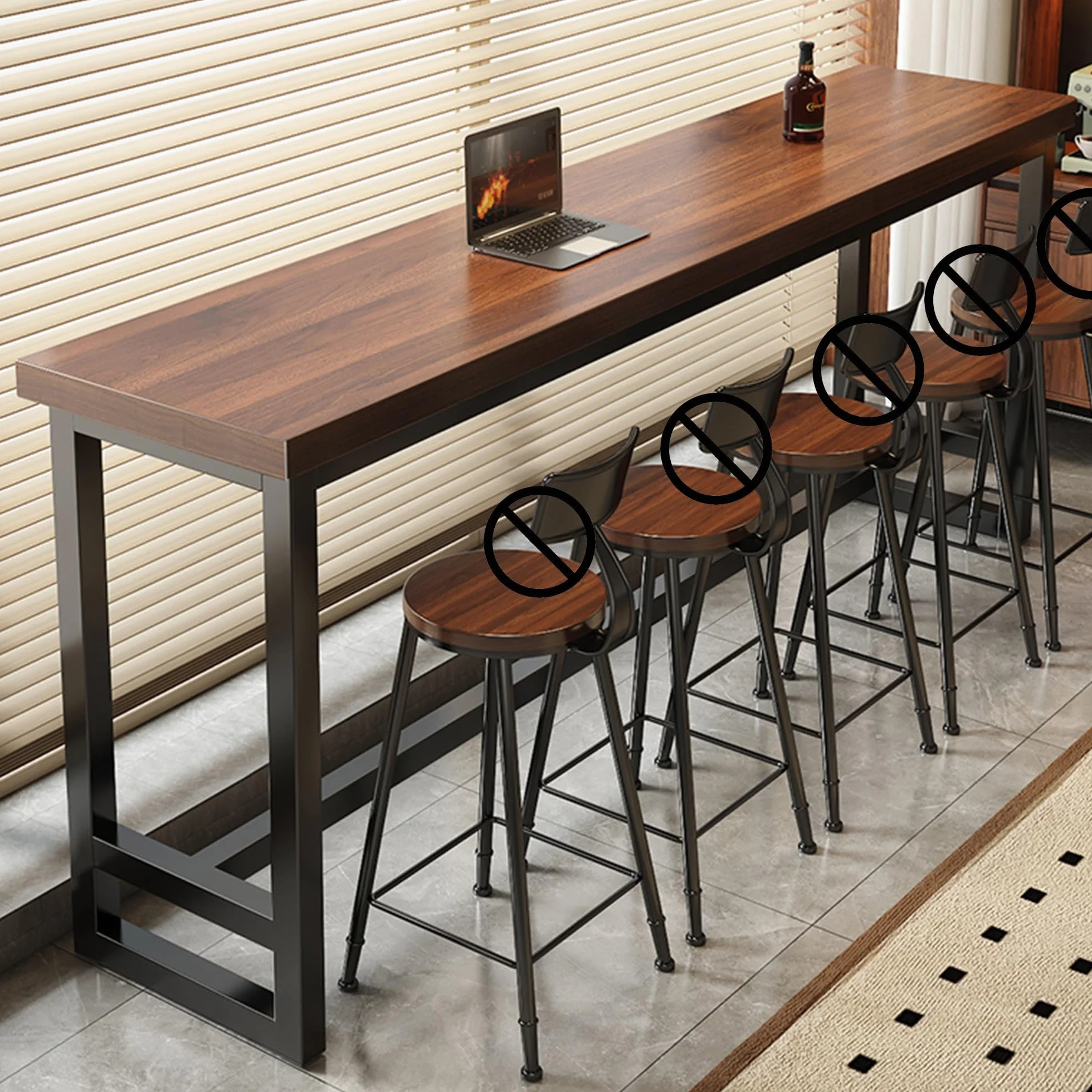 Mesa Alta Bar Rectangular Mesa Auxiliar Cocina Estrecha con Estructura de Metal para Cocina Cafetería Comedor Sala de Estar(Walnut,160x40x105cm)