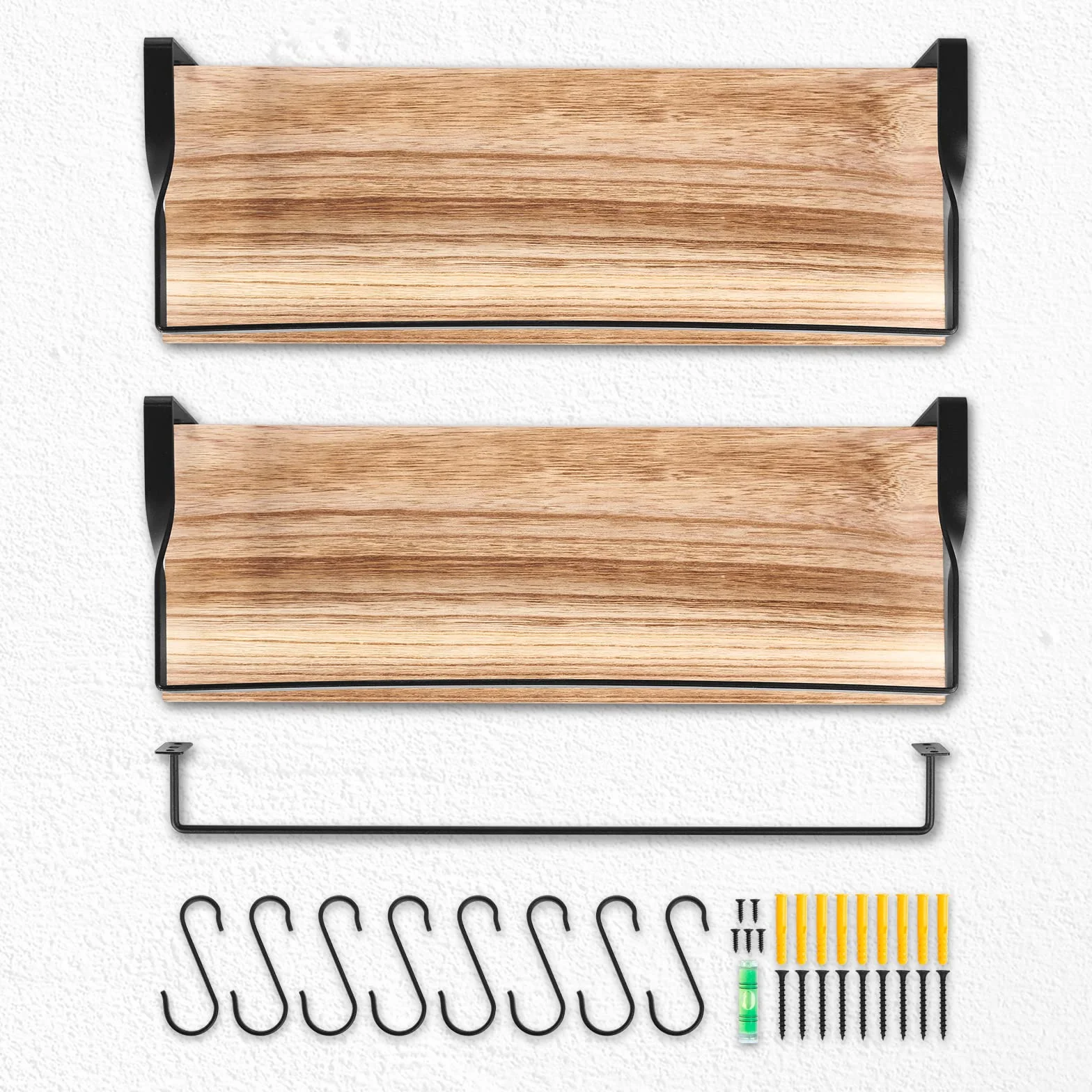 Uten Baldas Pared, Estante de Pared de 2 Niveles, Estante de Pared de Madera, 42 cm de Largo, 8 Ganchos, Adecuado para Dormitorio, Cocina, Baño, Sala de Estar, Solución Perfecta para Ahorrar Espacio