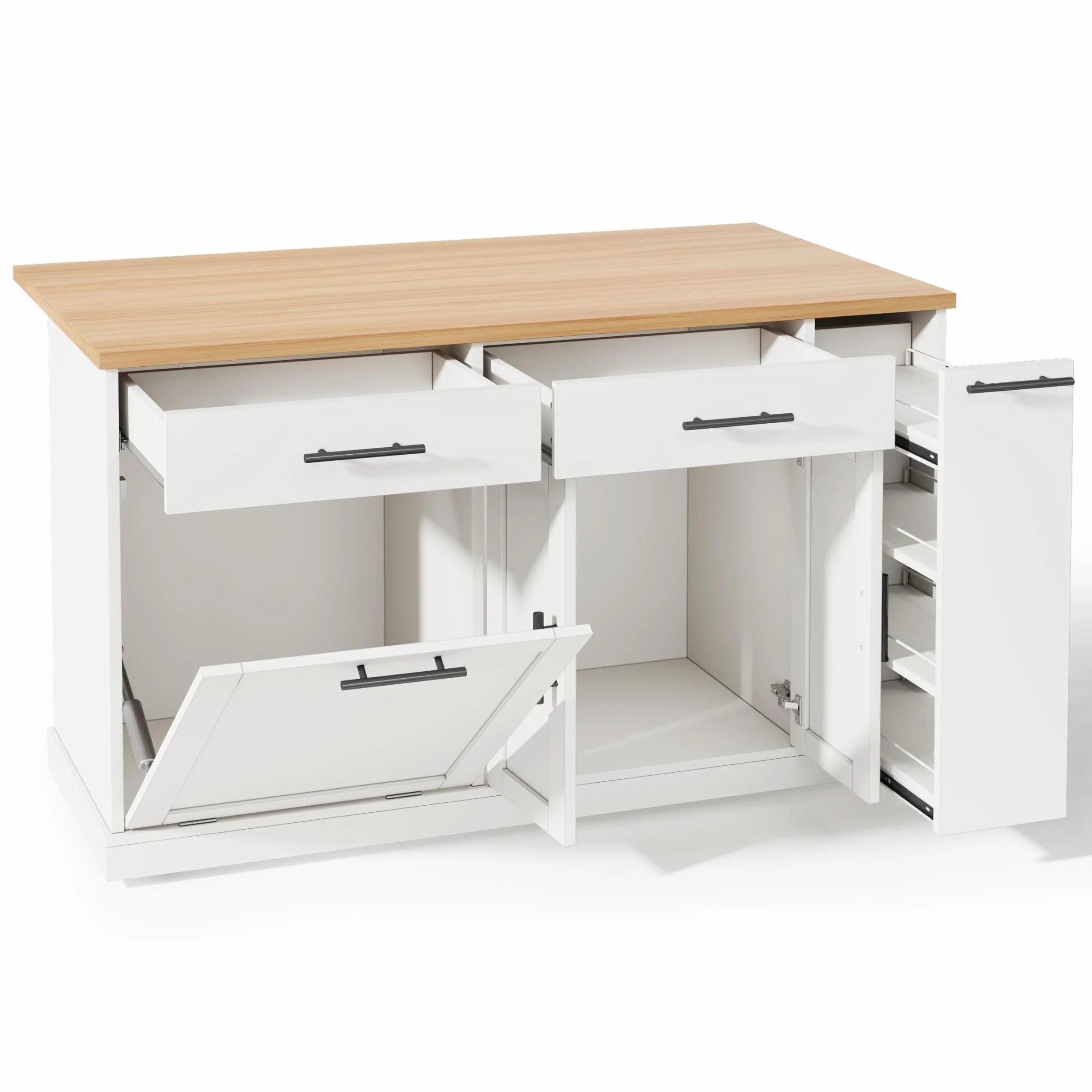 Isla de cocina con encimera plegable, armario de basura y ruedas con bloqueo, estante para especias de 4 niveles, 2 cajones, 120 × 45 (70) × 93 cm, color blanco