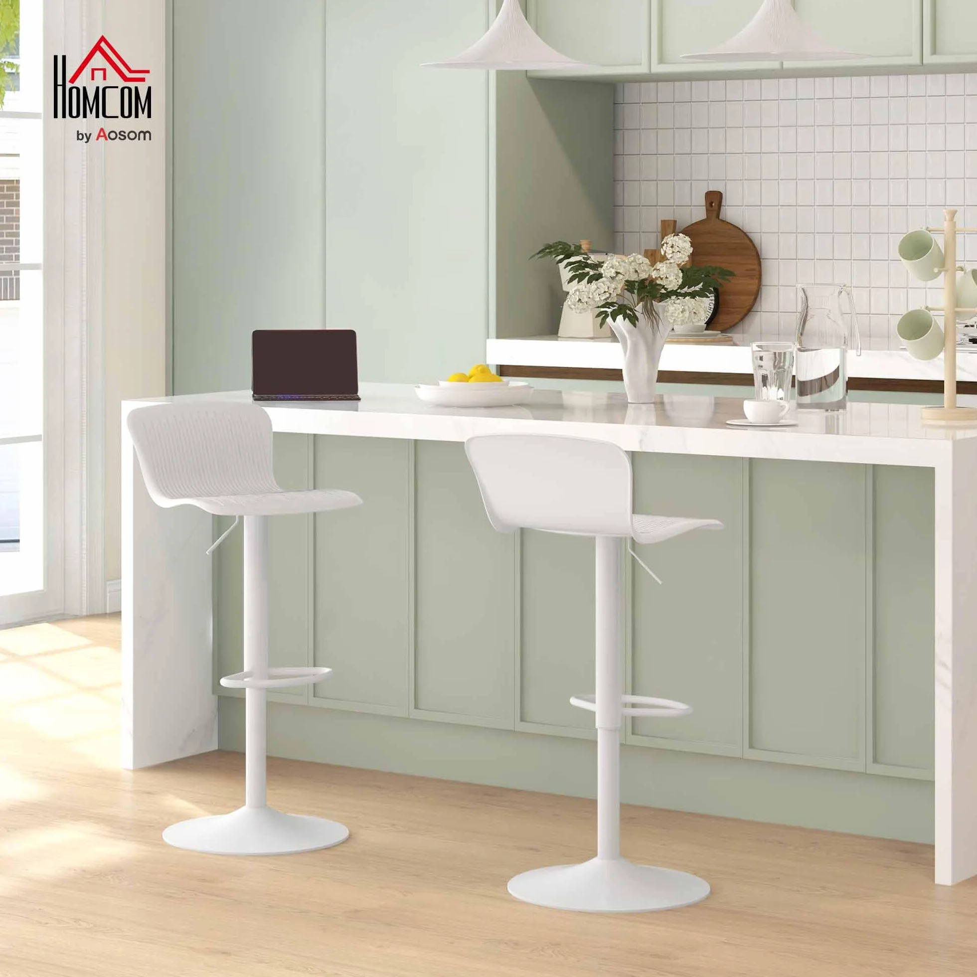 HOMCOM Conjunto de 2 Taburetes Altos de Cocina Sillas Altas Giratorias con Respaldo y Altura Ajustable Carga 120 kg para Bar Salón Comedor Blanco