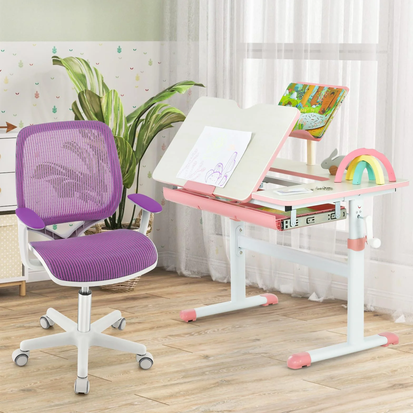 COSTWAY Silla de Escritorio para Niños, Silla Infantil Giratoria para Computadora con Altura Ajustable, Ruedas con Freno, Reposabrazos Lisos, Silla Ergonómica de Estudio para Niño (Morado)