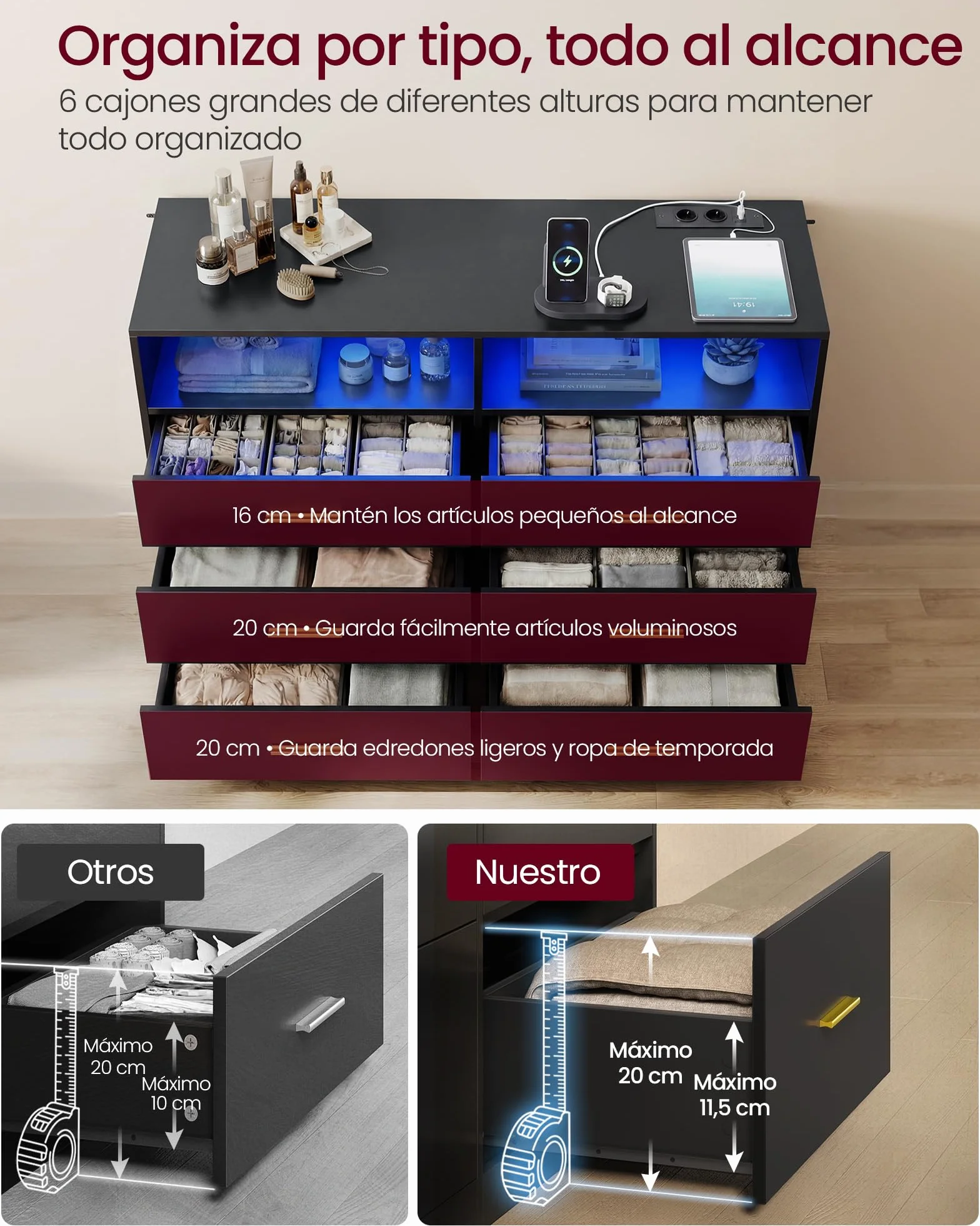 VASAGLE Custos Colección - Cómoda para Dormitorio, con LED y Regleta de Enchufes, Mueble Moderno para TV de Salón, 6 Cajones, 40 x 119 x 81,2 cm, Negro Tinta LTS316BC01
