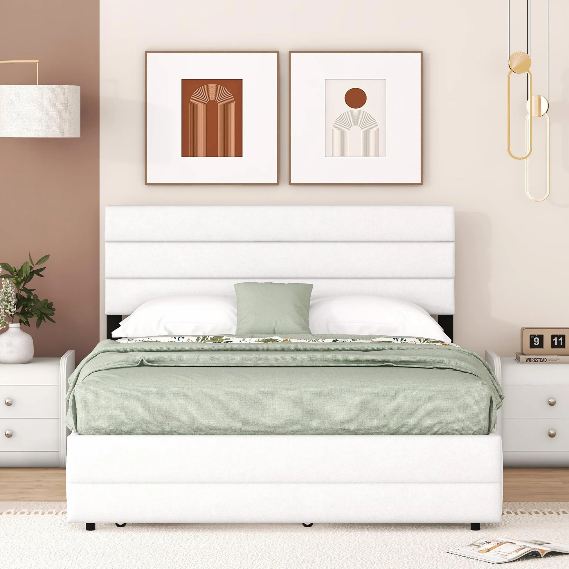 Moimhear Cama doble de plataforma con dos cajones con ruedas, 140 x 200 cm, para dos personas, beis
