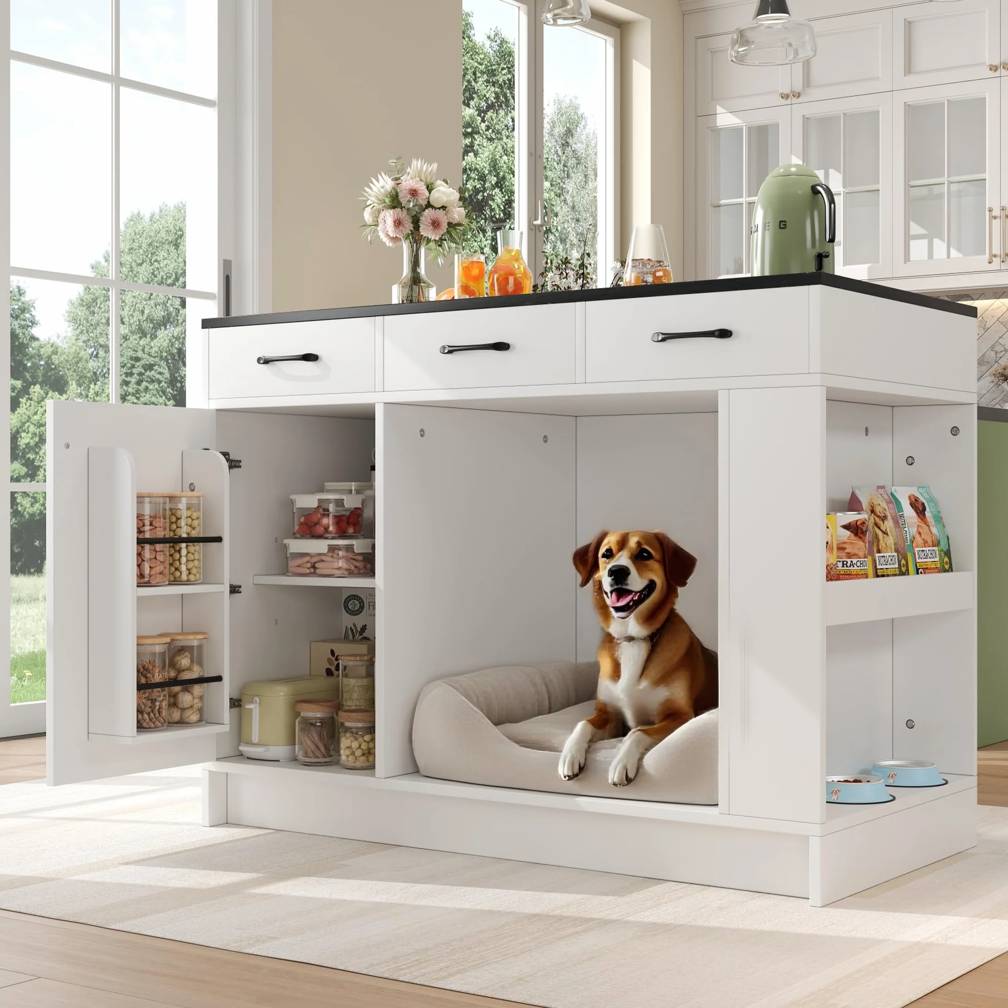 Soweiz Isla de cocina con cajón y estante para especias, blanco, 120 x 60 x 90 cm | Armario de cocina con zona para mascotas, carrito de cocina con zona de descanso para mascotas