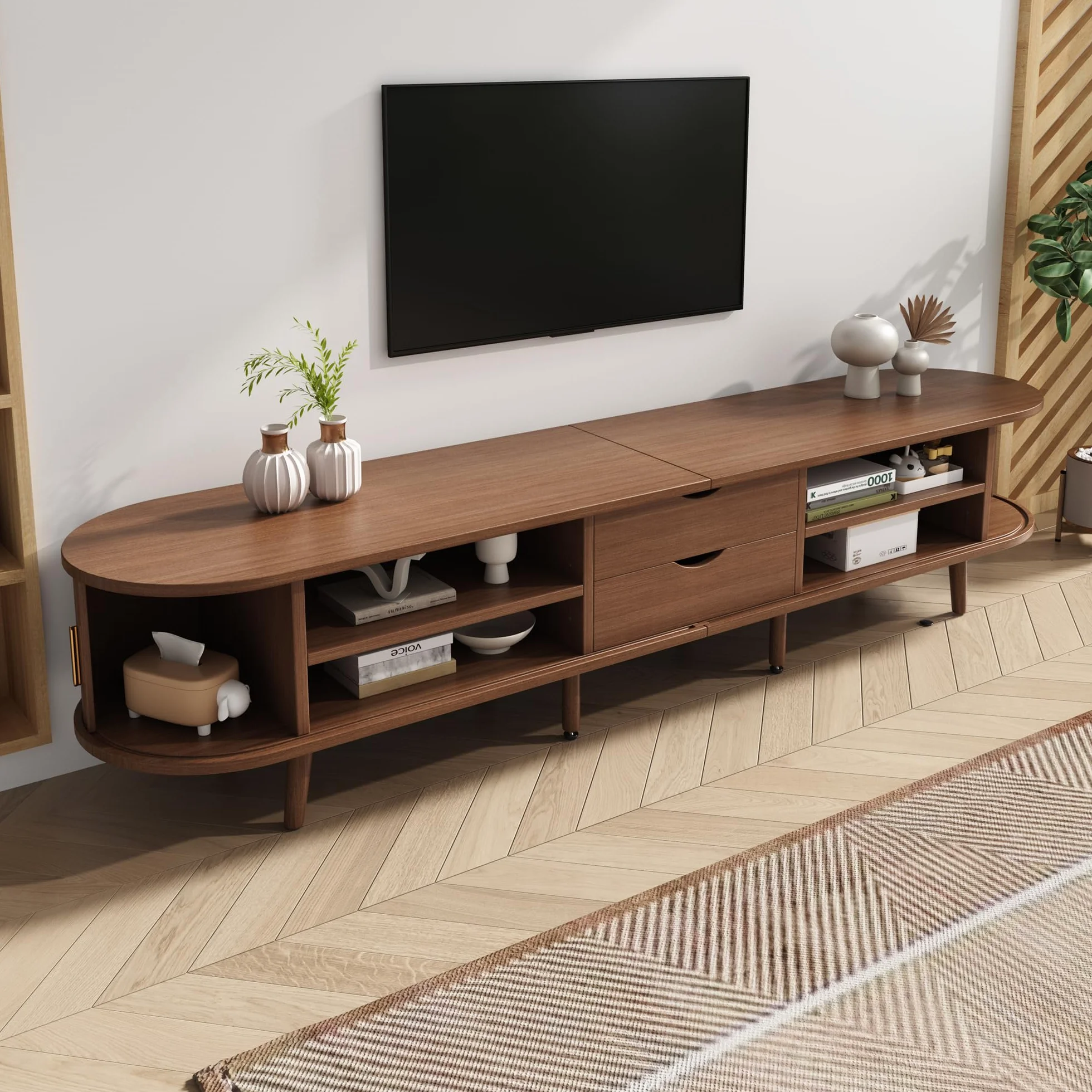 Armario de TV de salón con espacio de almacenamiento y tablero redondo de madera de densidad media con 2 cajones, apto para 175 x 40 x 42 cm