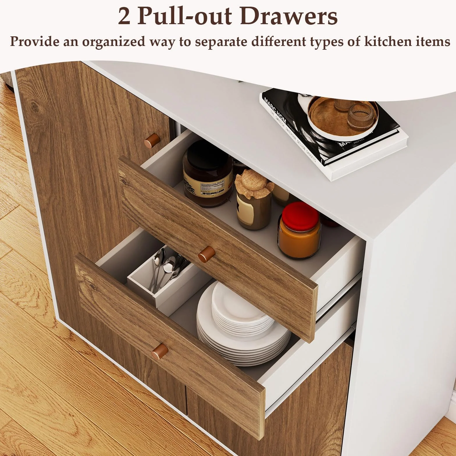 GIANTEX Aparador de Cocina, Armario Buffet con 2 Puertas y 2 Cajones, 3 Estantes Extraíbles y Ajustables, 74 x 35 x 85,5 cm, Mueble de Almacenamiento para Entrada, Salón, Comedor (Natural+Blanco)