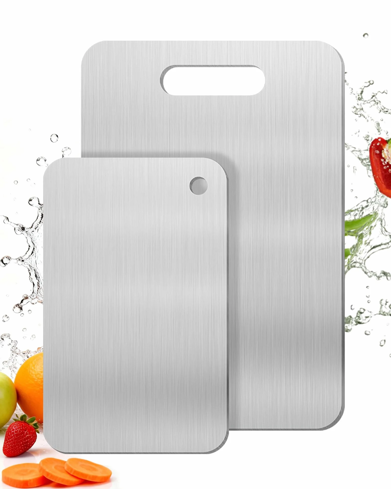 Set de 2 tablas de cortar de acero inoxidable – Tabla de cortar acero inoxidable de doble cara, ideal como tabla cortar cocina para carne, pan, gran superficie de corte (34 × 23 cm + 25 × 15 cm)