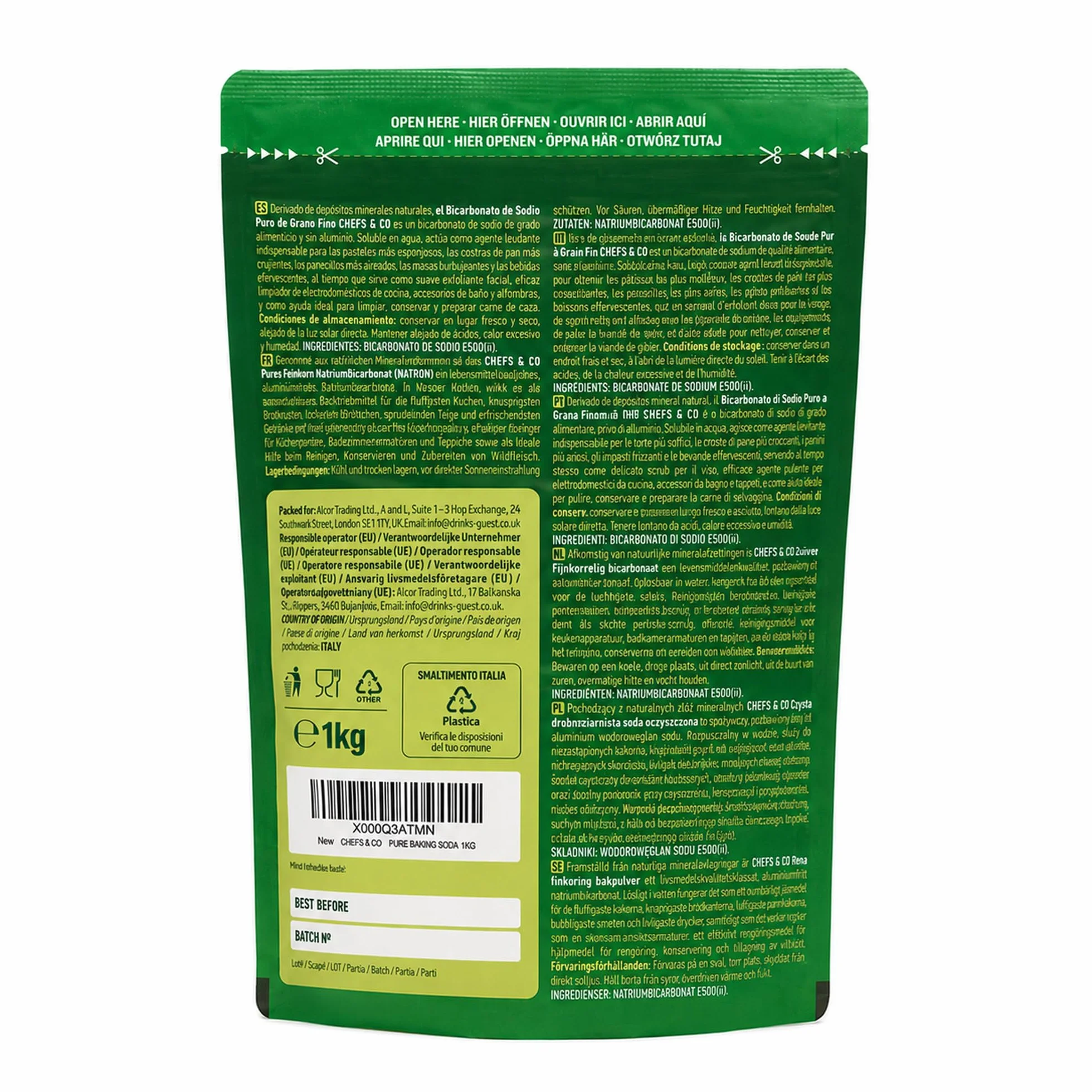 CHEFS & CO Bicarbonato de sodio 1KG Grado Alimentario Sin aluminio Sin gluten