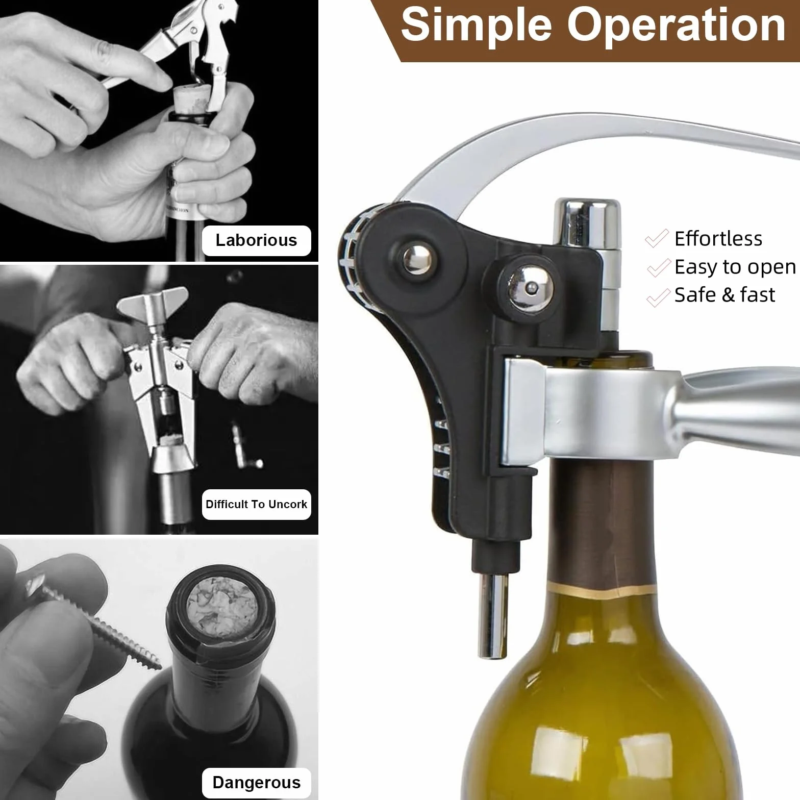 Set Sacacorchos Manual 8 Piezas, Juego Abridor Botellas, Caja Madera Regalo Decantador