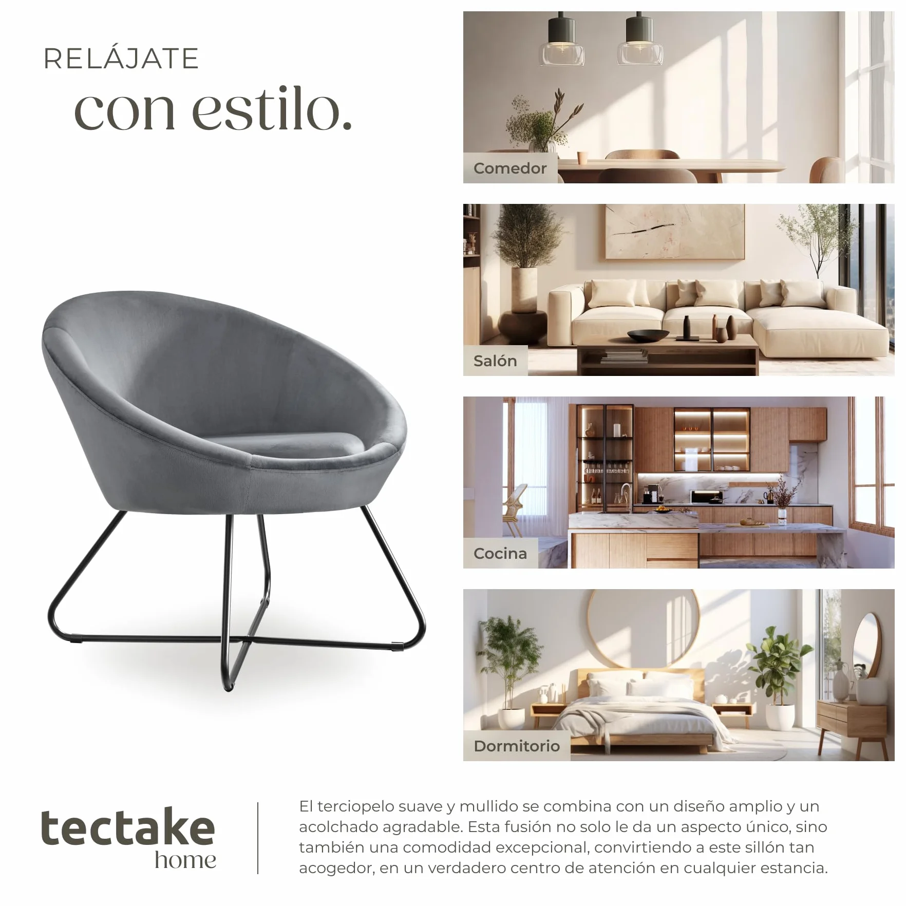 tectake® Sillón de Cóctel Redondo, Estilo Escandinavo, Respaldo Continuo, Acolchado con Espuma de Alta Densidad, Sillón Relax, Muebles Salón, Butacas Dormitorio, Silla Tapizada - Terciopelo Antracita