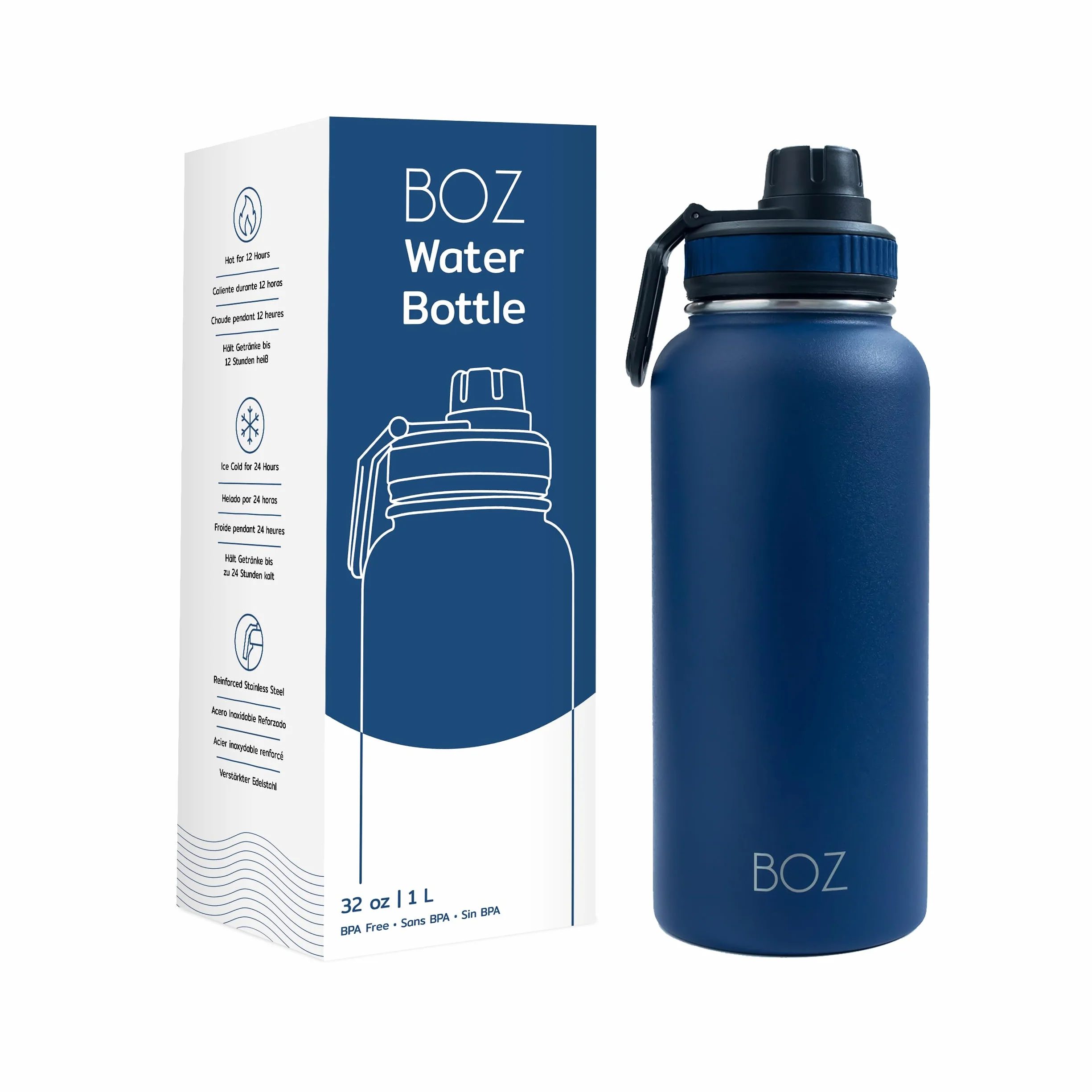BOZ Botella Agua Acero Inoxidable de 1l, Botella Térmica 1 Litro con Aislamiento de Doble Pared, Termo Agua Fría y Caliente de Boca Ancha Sin BPA, Botella Isotérmica Antiderrame Color Azul Oscuro