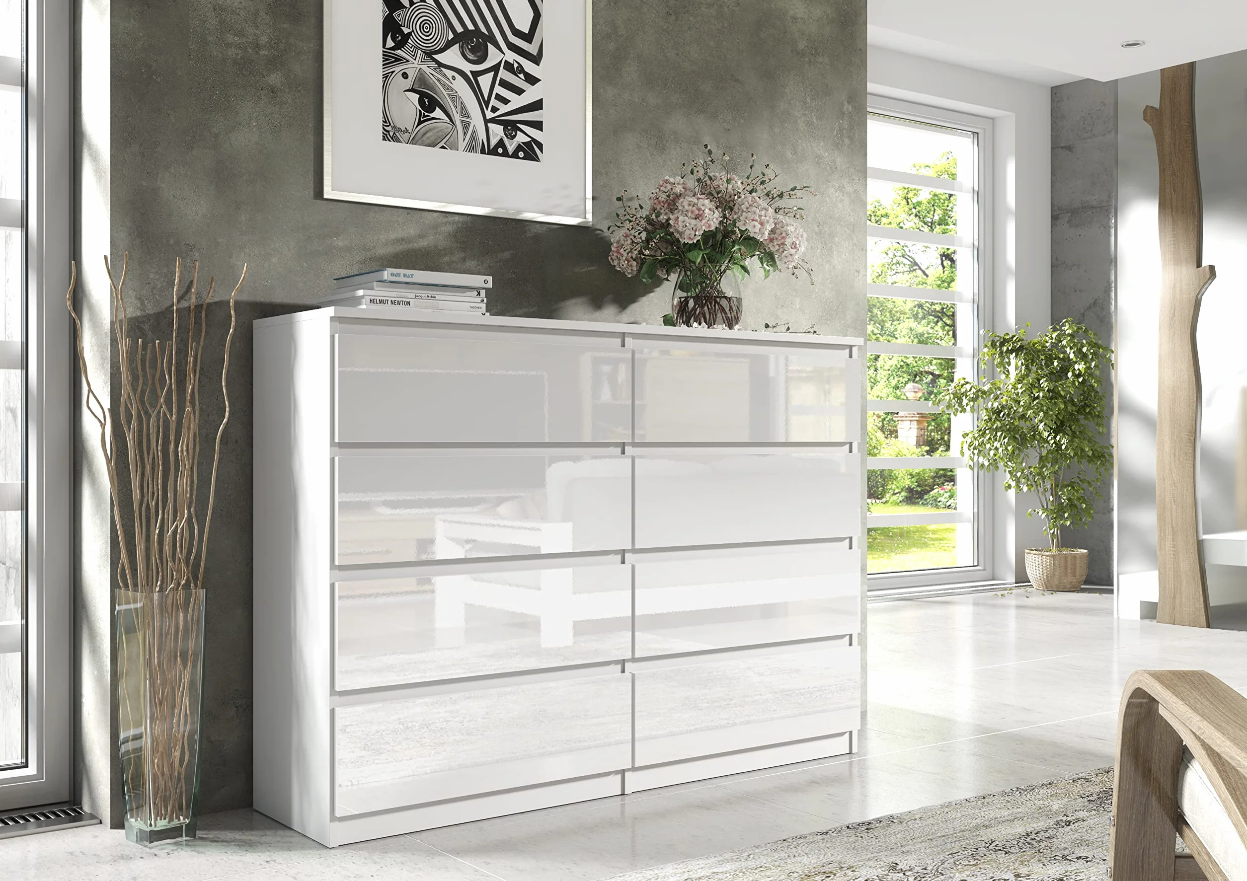 meble masztalerz Comoda Dormitorio 8 Cajones 138,5 cm - Cajonera Armario Interior - Sinfonier Dormitorio Alto - Muebles para el Salón - Cómoda Moderna - Blanco con Frente Brillante 138,5x101,5x39 cm